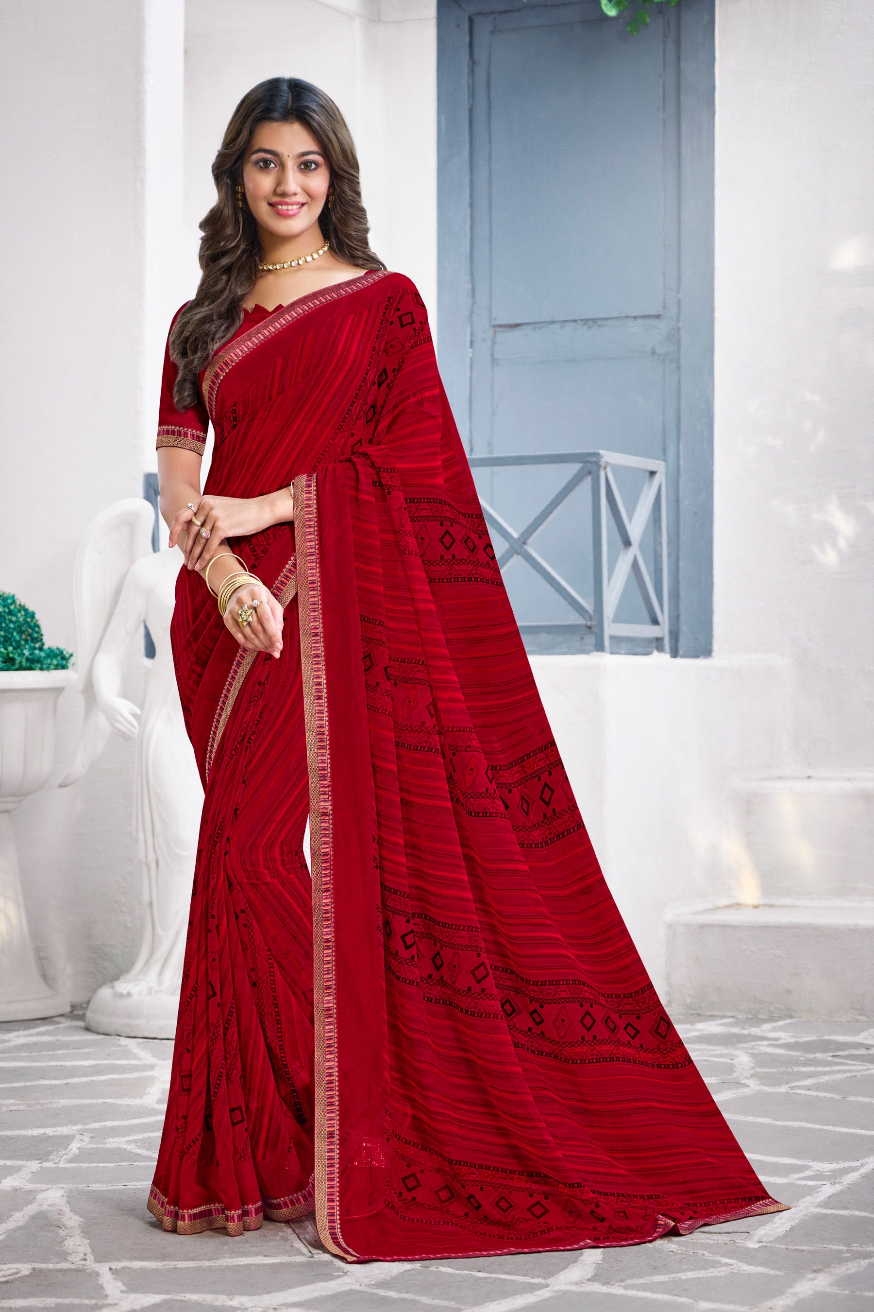 Red Georgette Saree with Geometric Print - Nazaara