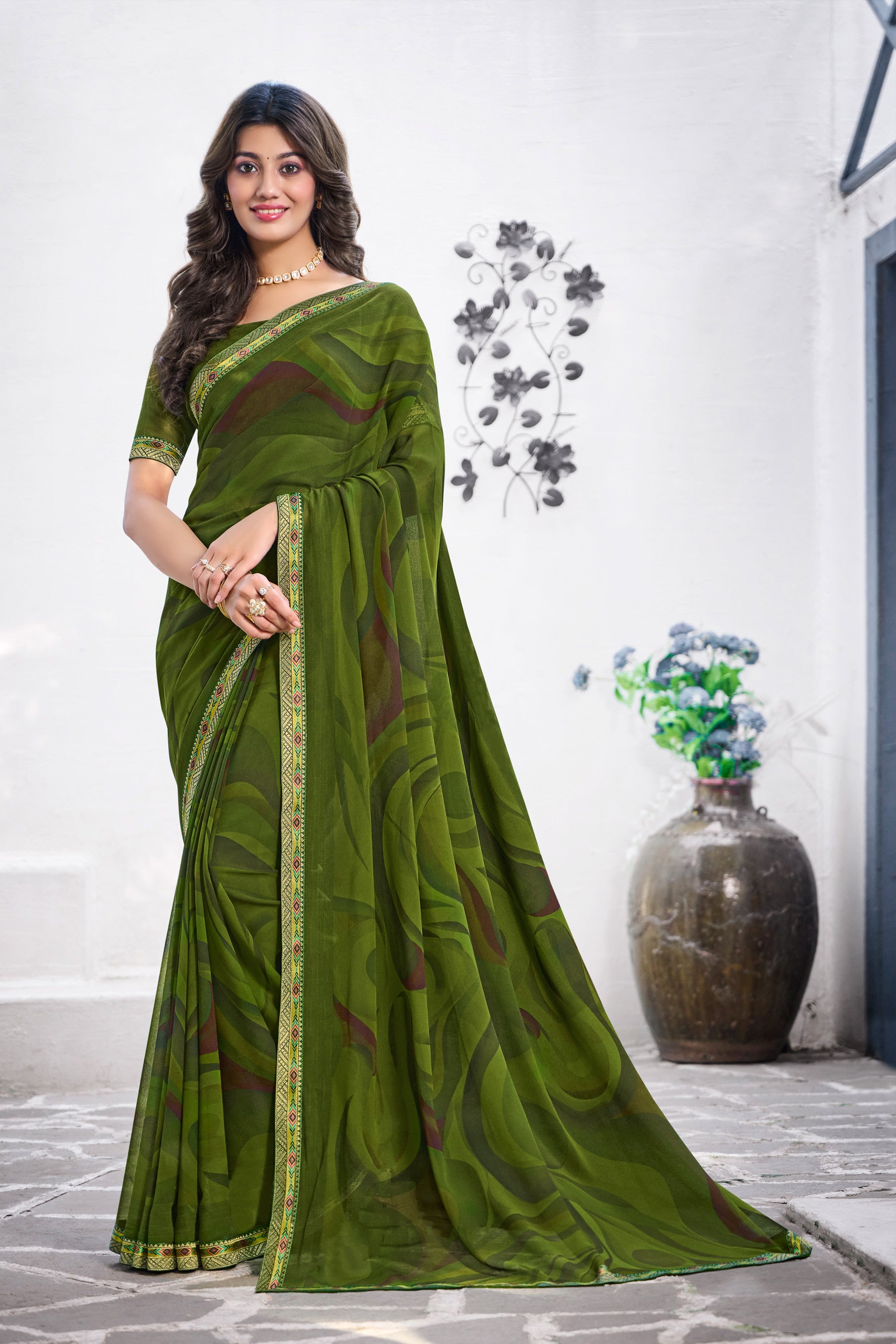 Olive Green Georgette Saree with Abstract Print - Nazaara