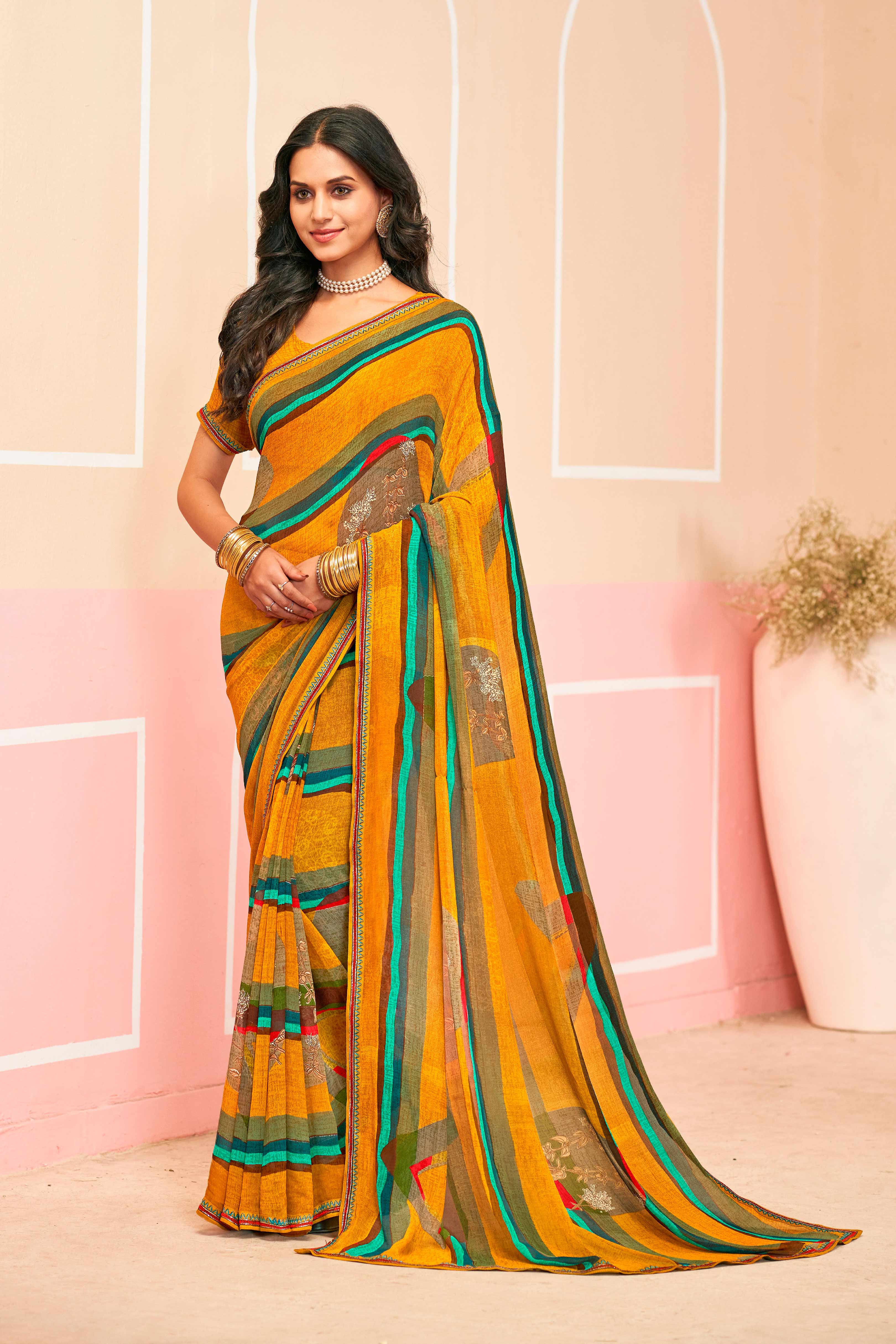 Laxmipati Honey Bunny Abstract Floral Printed Georgette Saree in Mustard Color with Unstitched Blouse