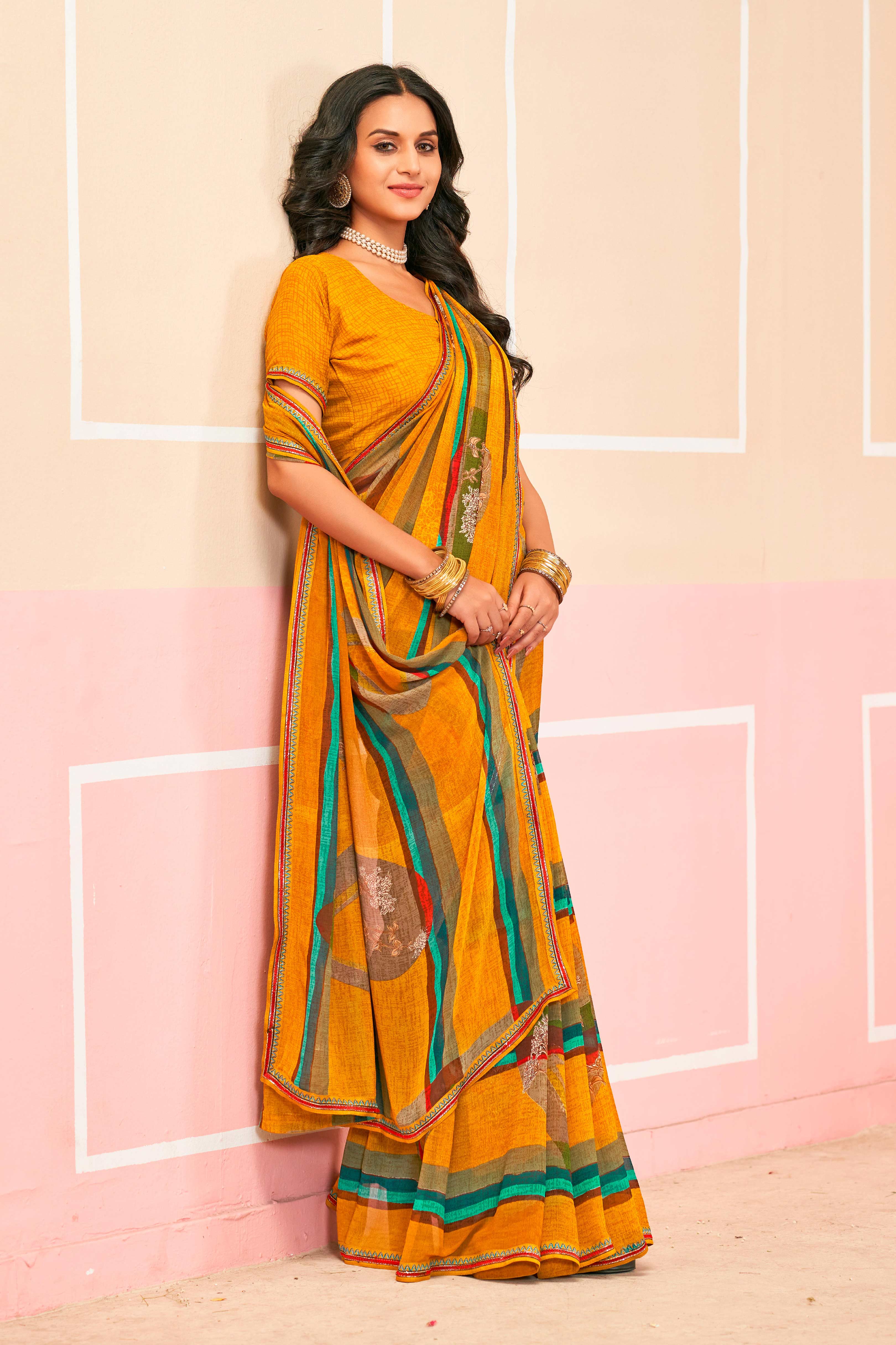Laxmipati Honey Bunny Abstract Floral Printed Georgette Saree in Mustard Color with Unstitched Blouse