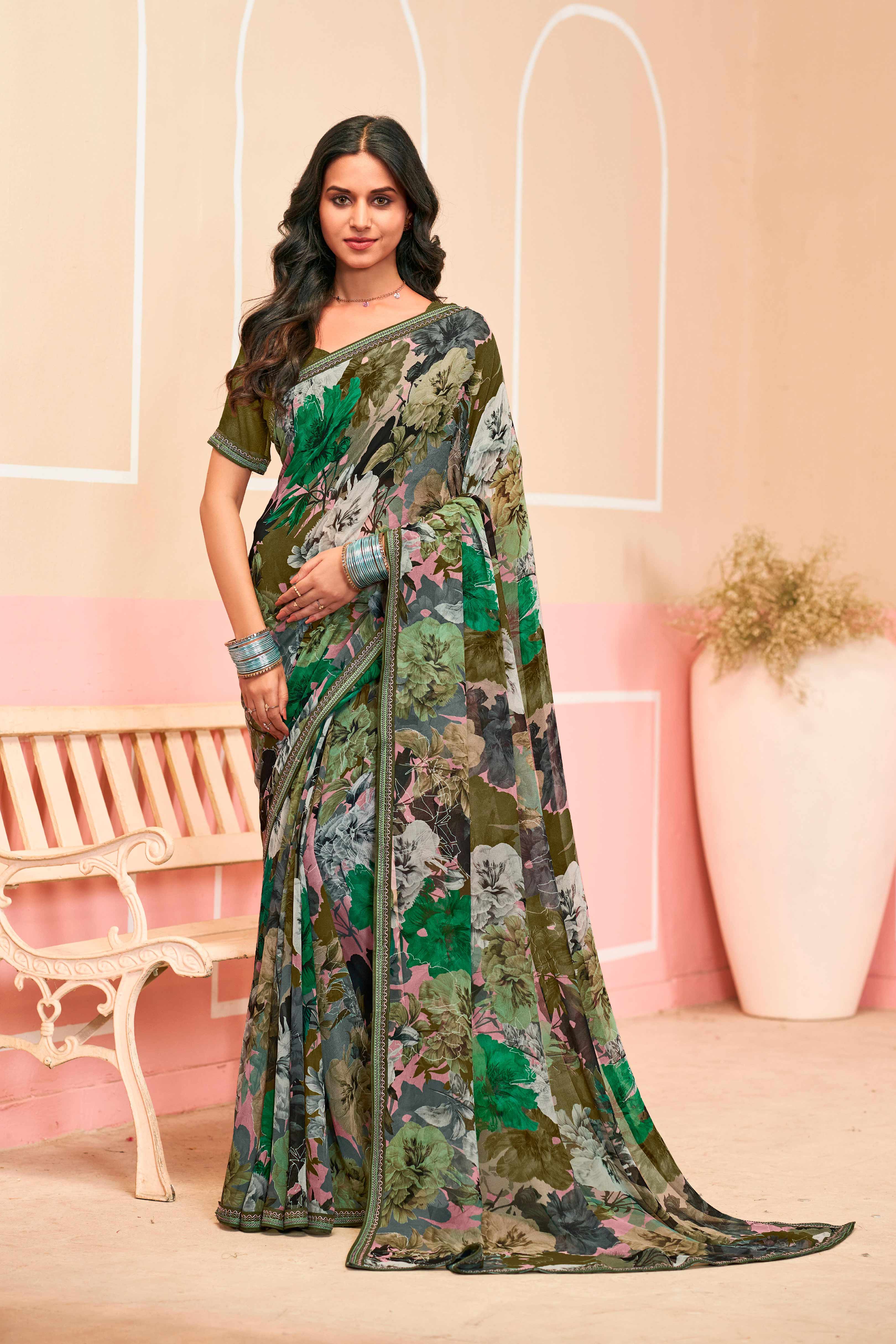 Laxmipati Honey Bunny Floral Printed Georgette Saree in Olive Green Color with Unstitched Blouse