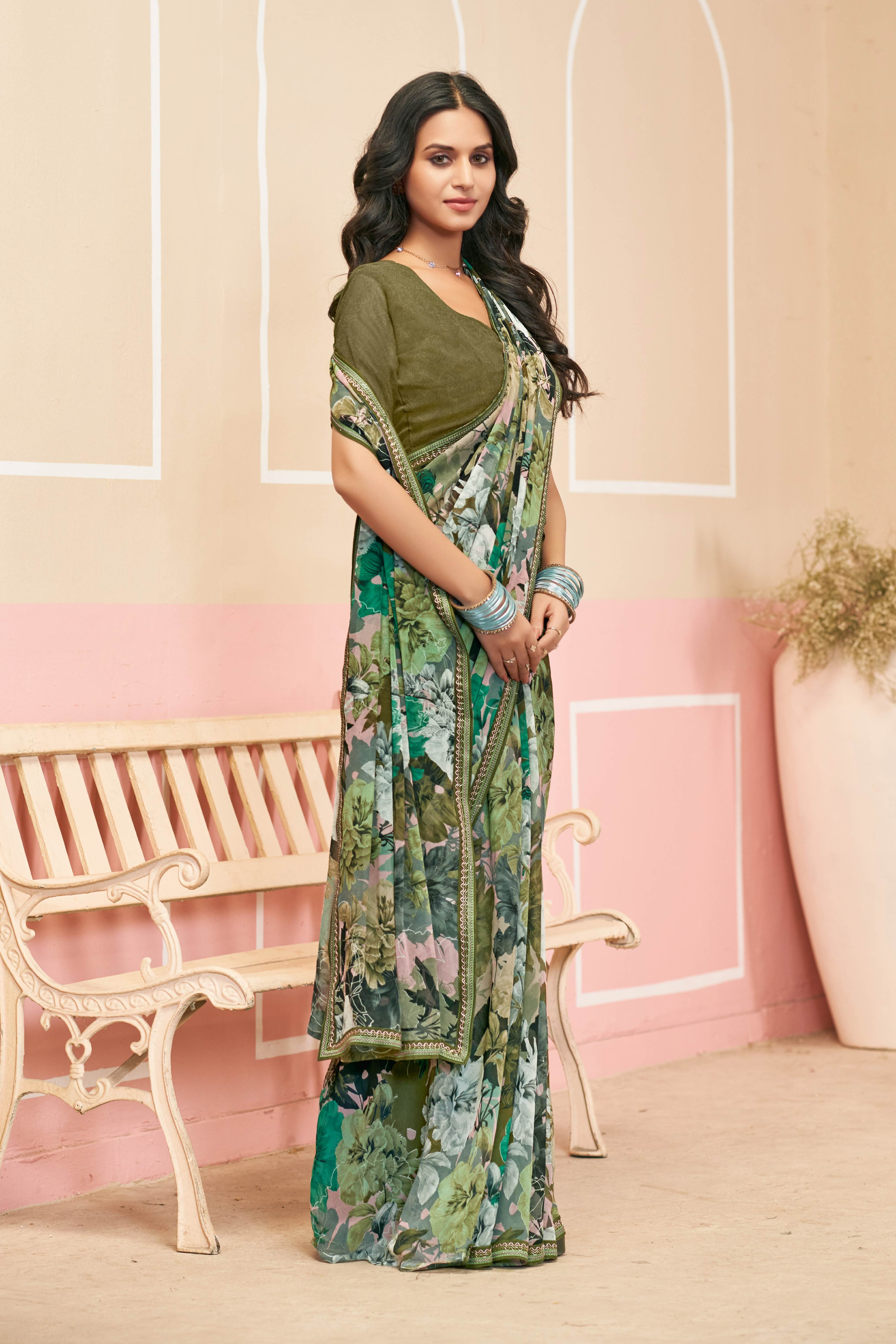 Laxmipati Honey Bunny Floral Printed Georgette Saree in Olive Green Color with Unstitched Blouse