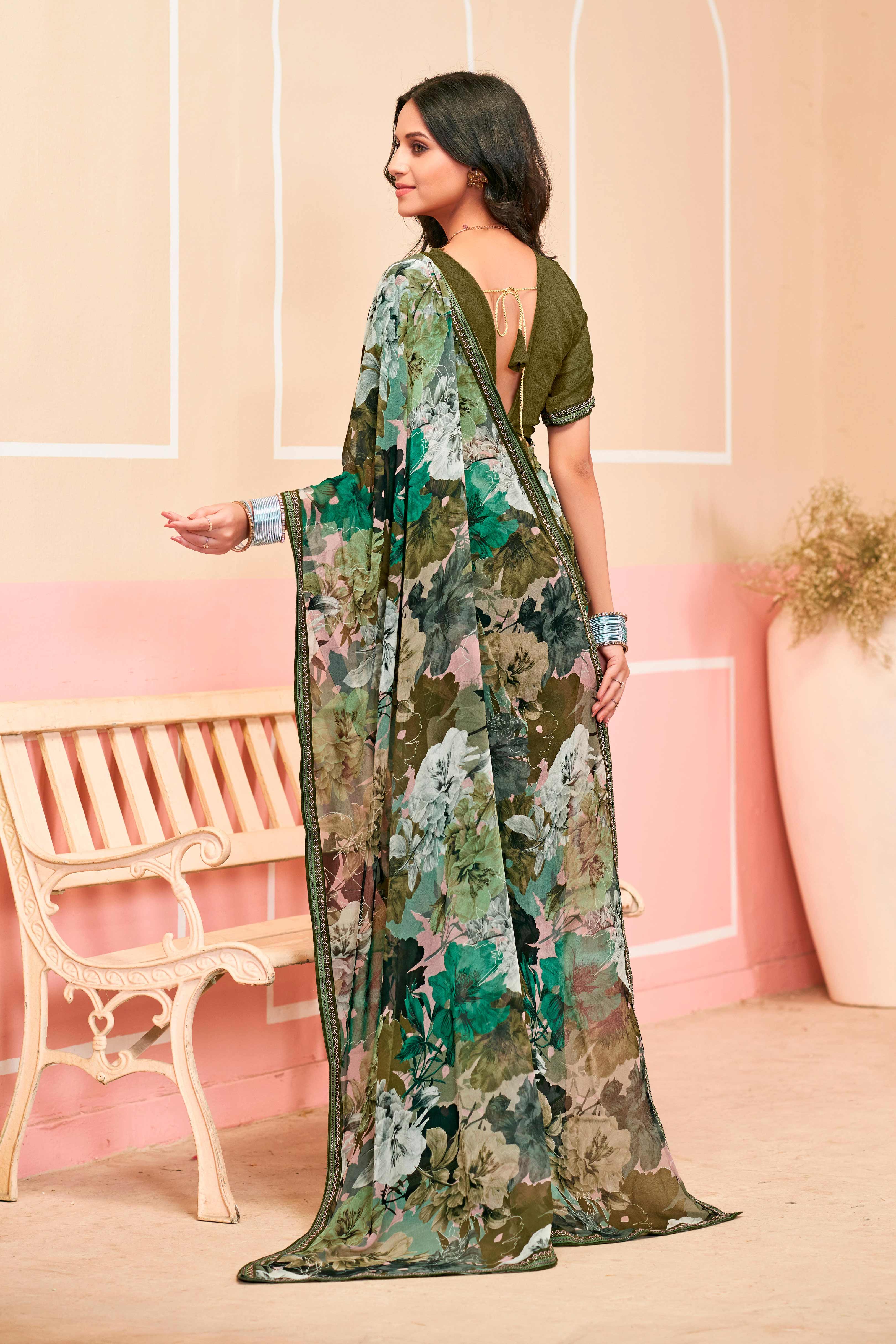 Laxmipati Honey Bunny Floral Printed Georgette Saree in Olive Green Color with Unstitched Blouse