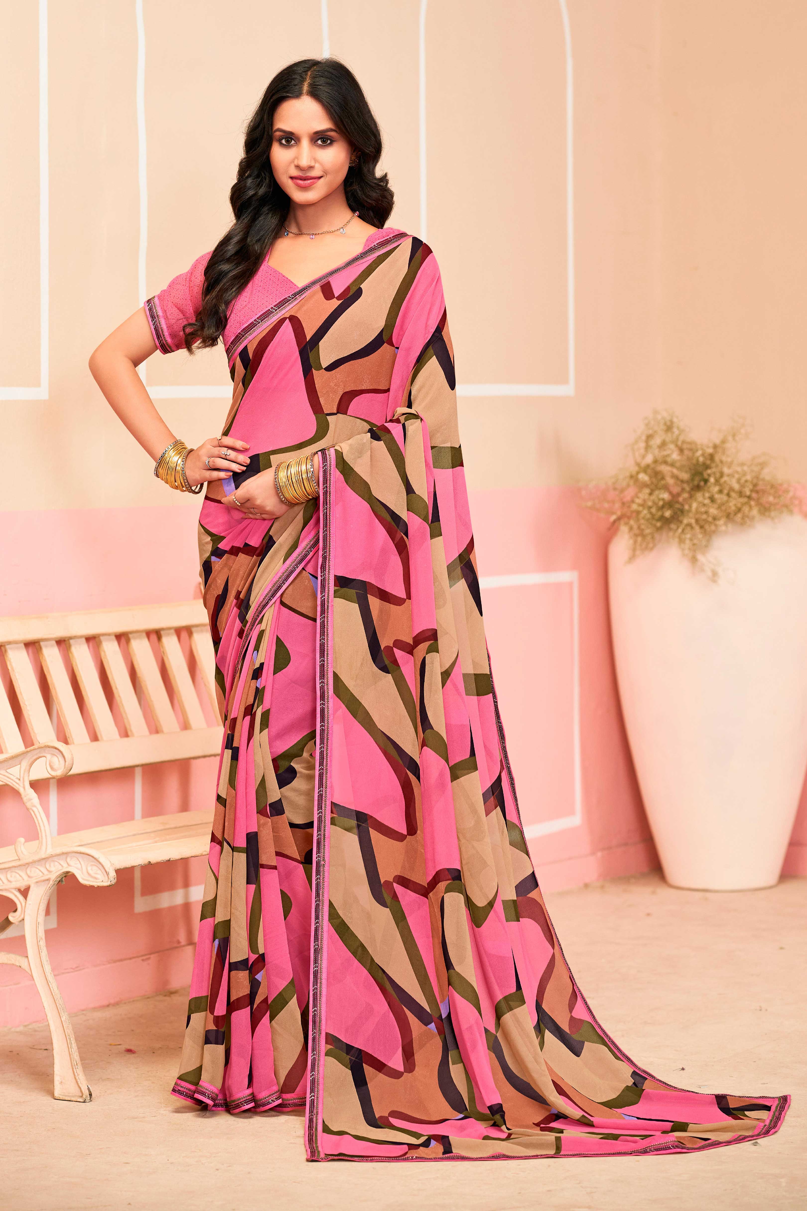 Ready To Wear Laxmipati Honey Bunny Abstract Printed Georgette Saree in Pink Color with Unstitched Blouse