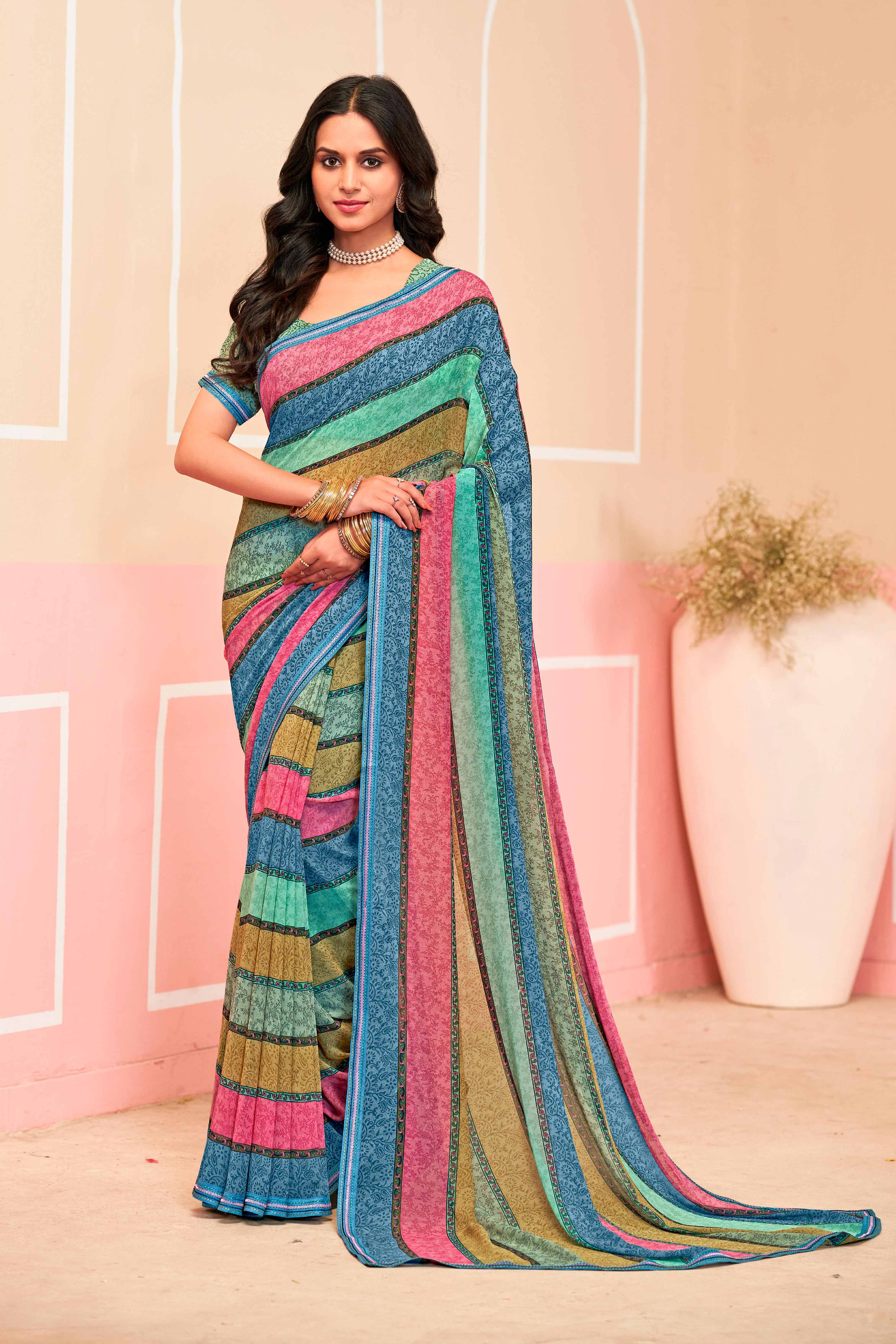 Ready To Wear Laxmipati Honey Bunny Striped Printed Georgette Saree in Multicolor with Unstitched Blouse