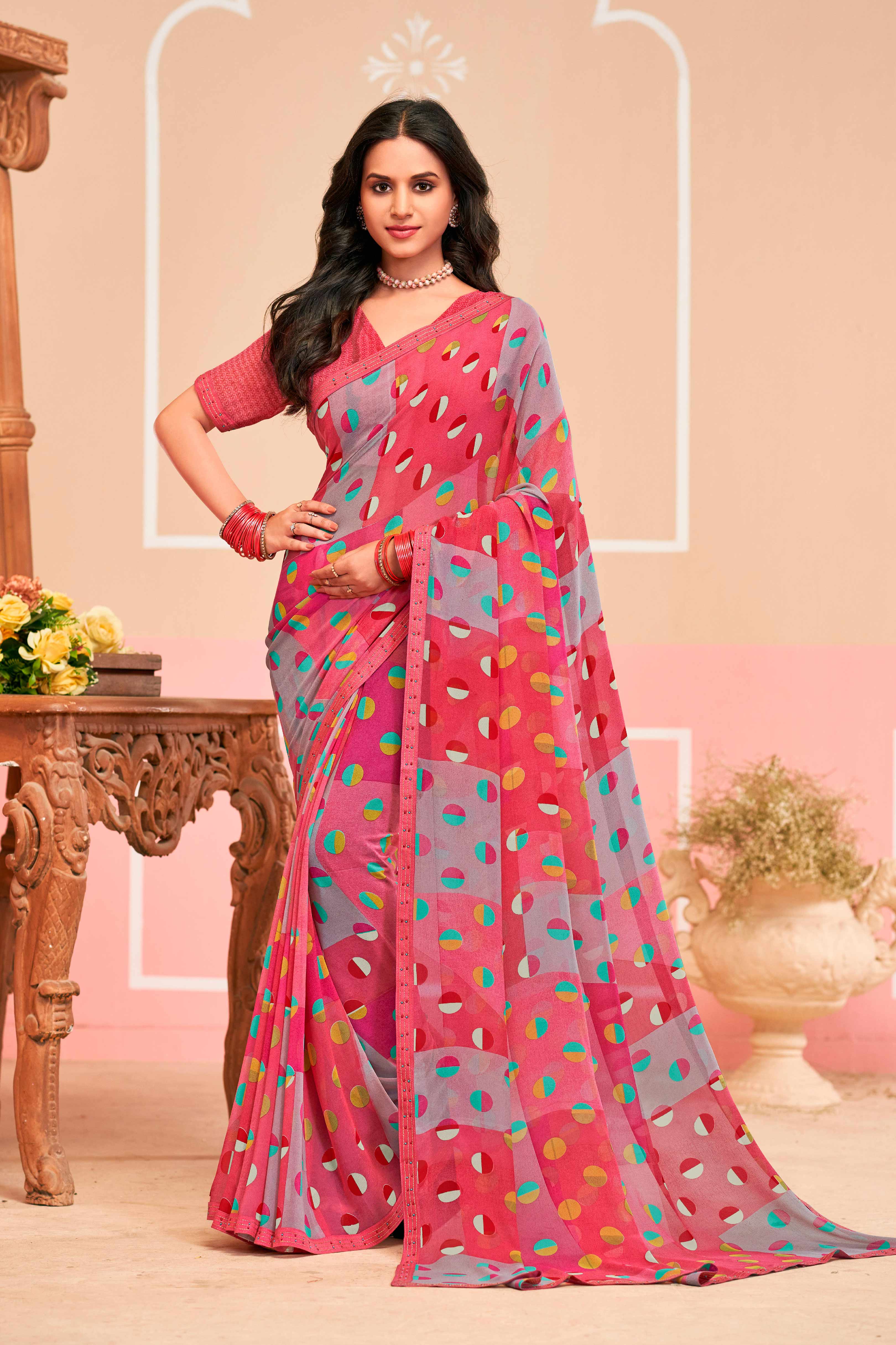Laxmipati Honey Bunny Geometric Printed Georgette Saree in Pink Color with Unstitched Blouse