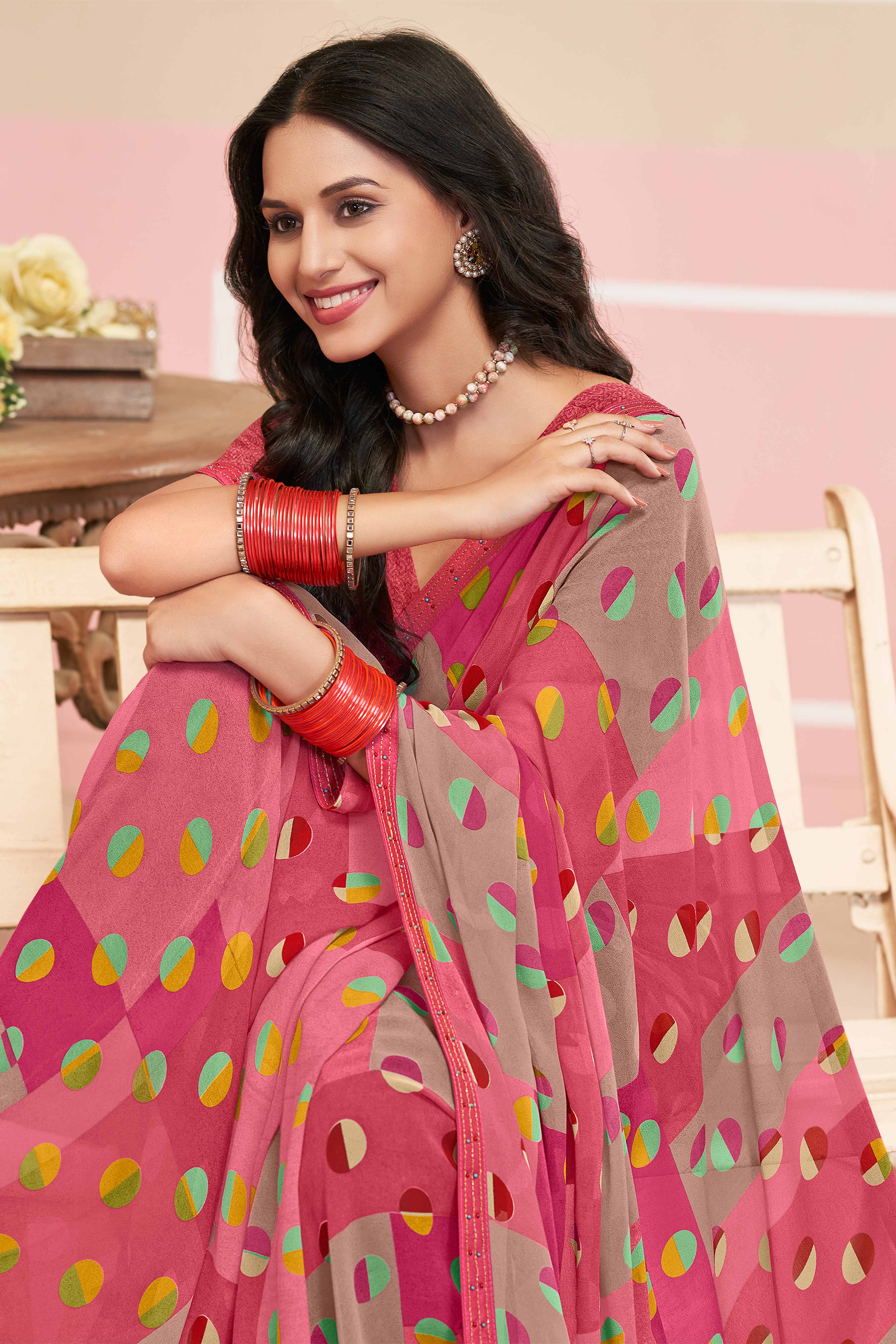 Laxmipati Honey Bunny Geometric Printed Georgette Saree in Pink Color with Unstitched Blouse