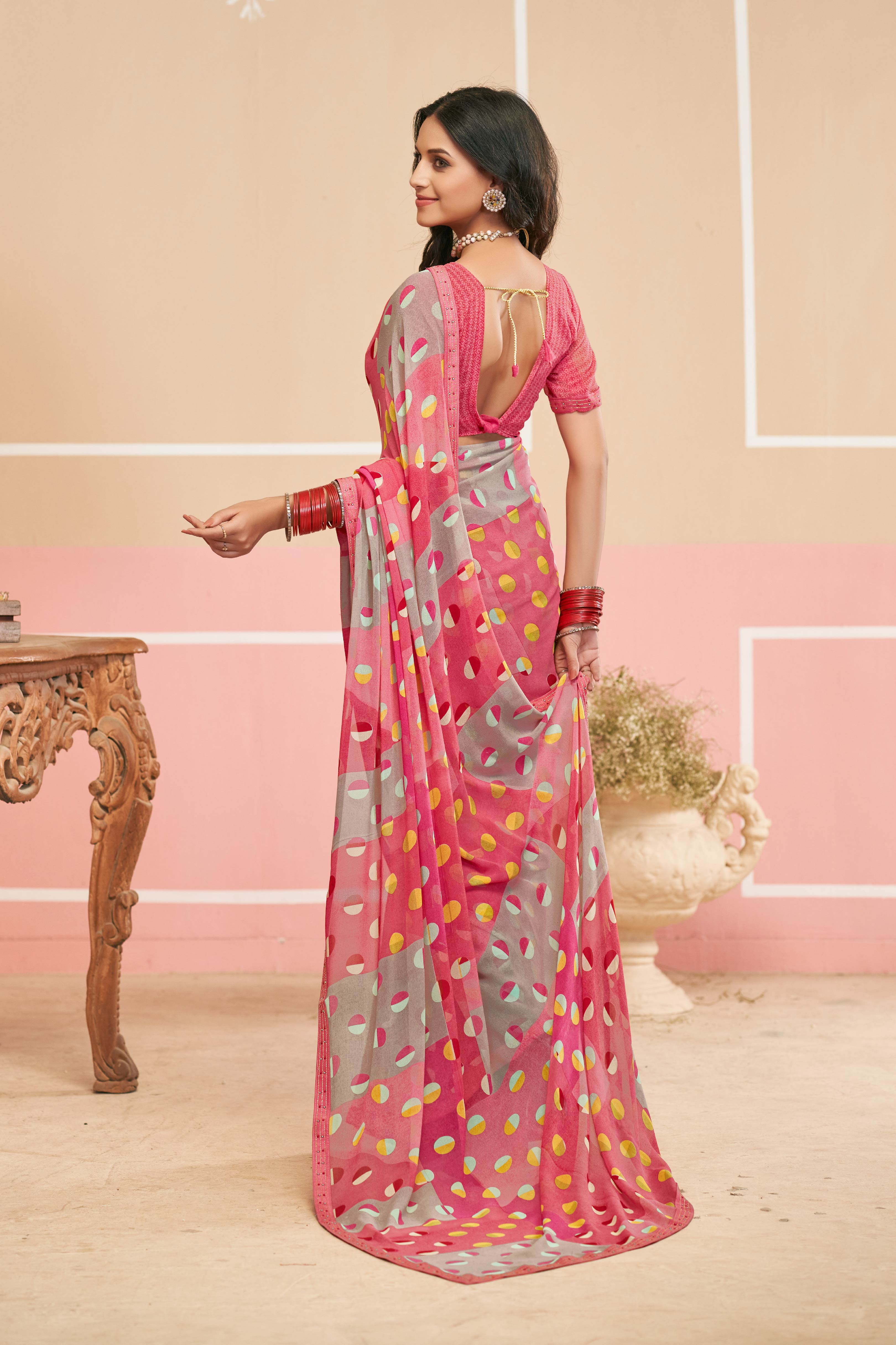 Laxmipati Honey Bunny Geometric Printed Georgette Saree in Pink Color with Unstitched Blouse