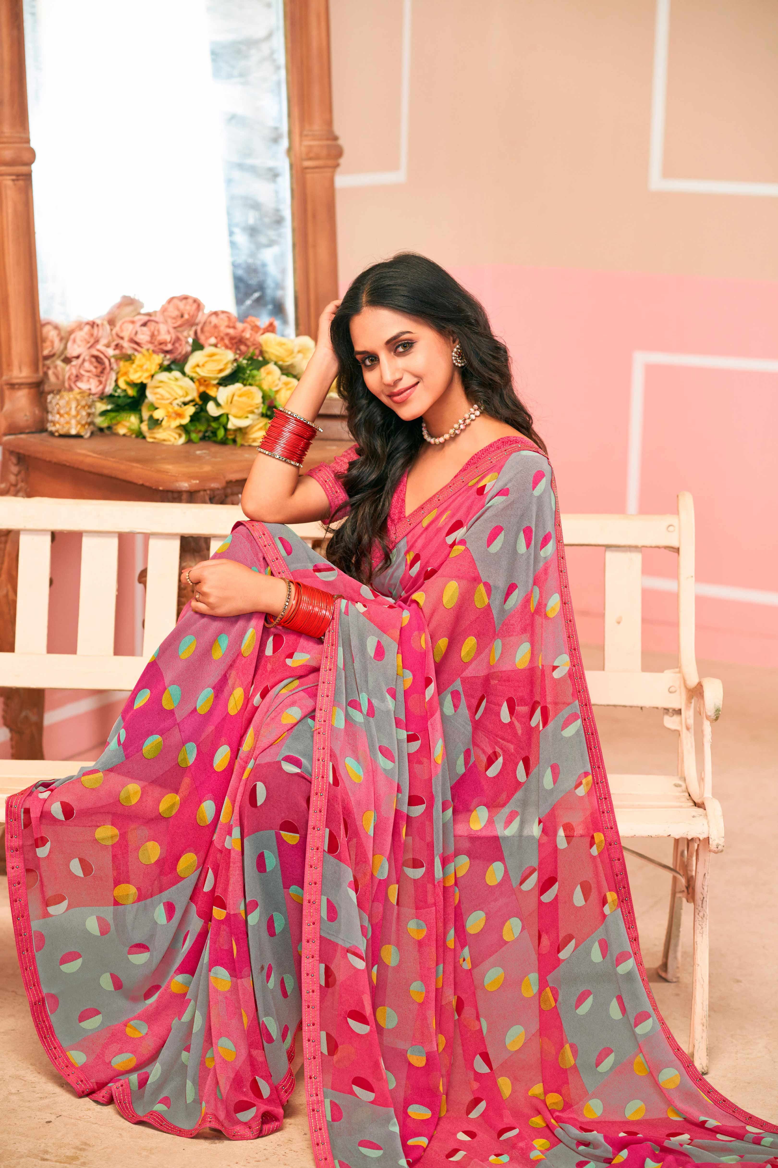 Laxmipati Honey Bunny Geometric Printed Georgette Saree in Pink Color with Unstitched Blouse