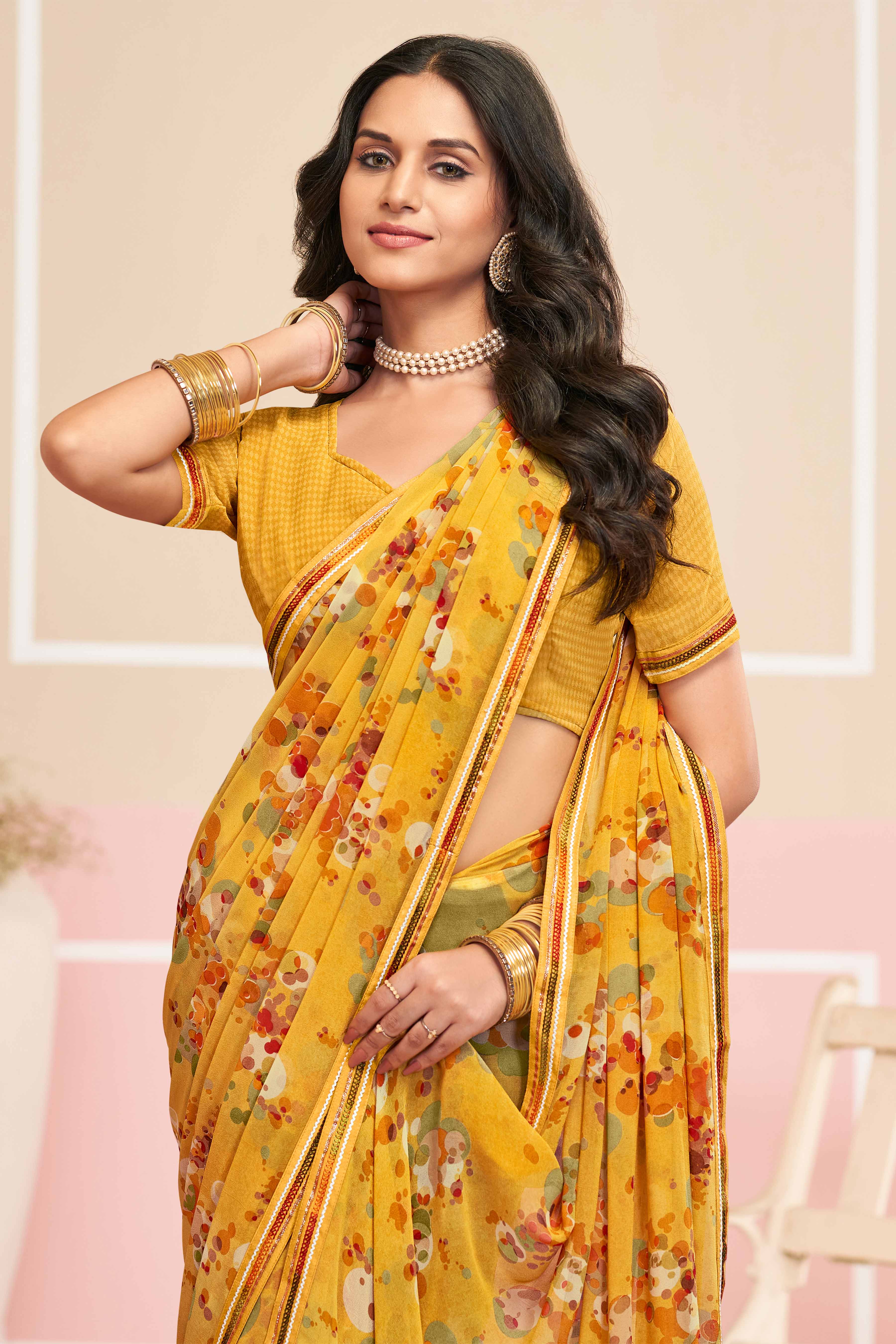Laxmipati Honey Bunny Geometric Printed Georgette Saree in Yellow Color with Unstitched Blouse