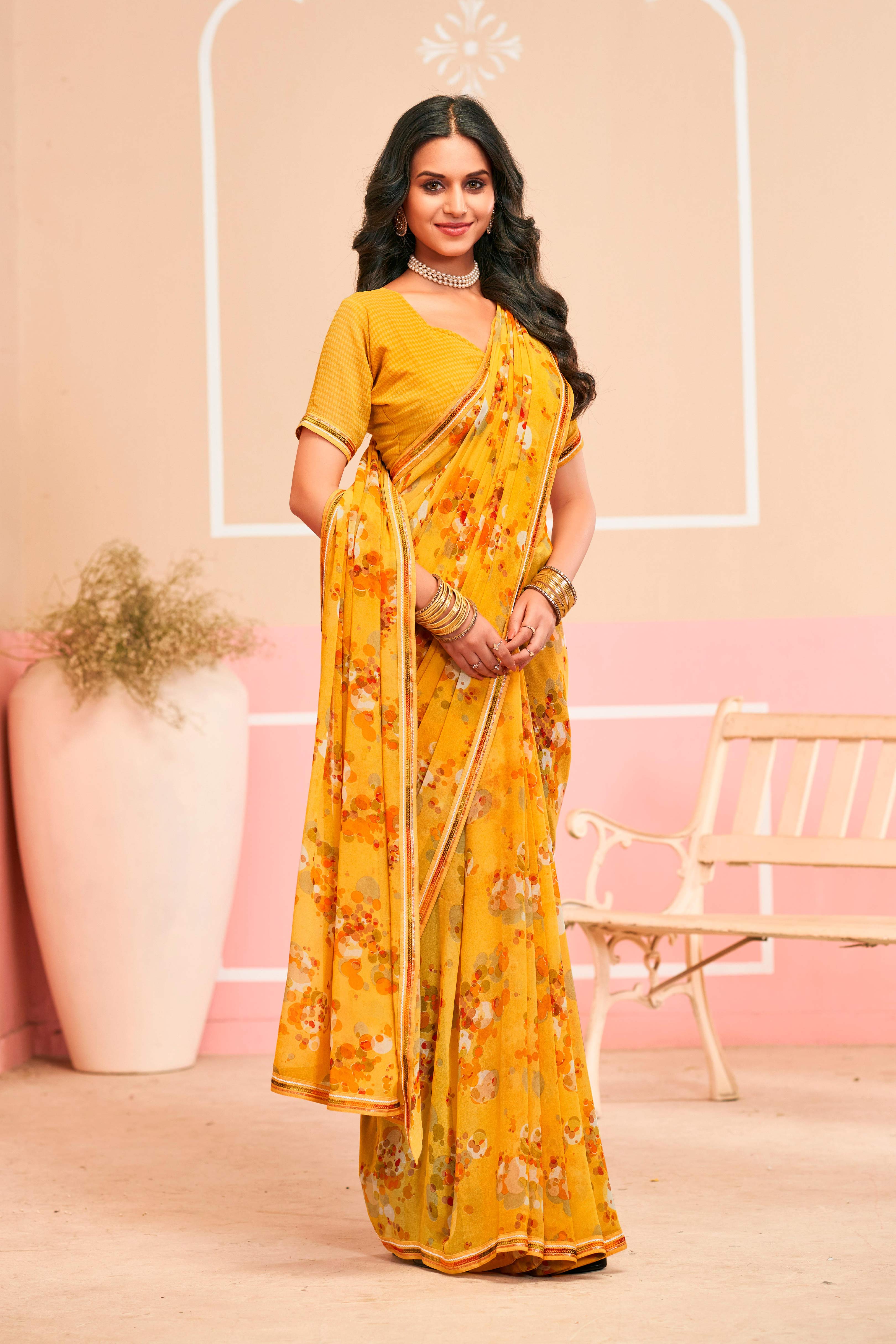 Laxmipati Honey Bunny Geometric Printed Georgette Saree in Yellow Color with Unstitched Blouse