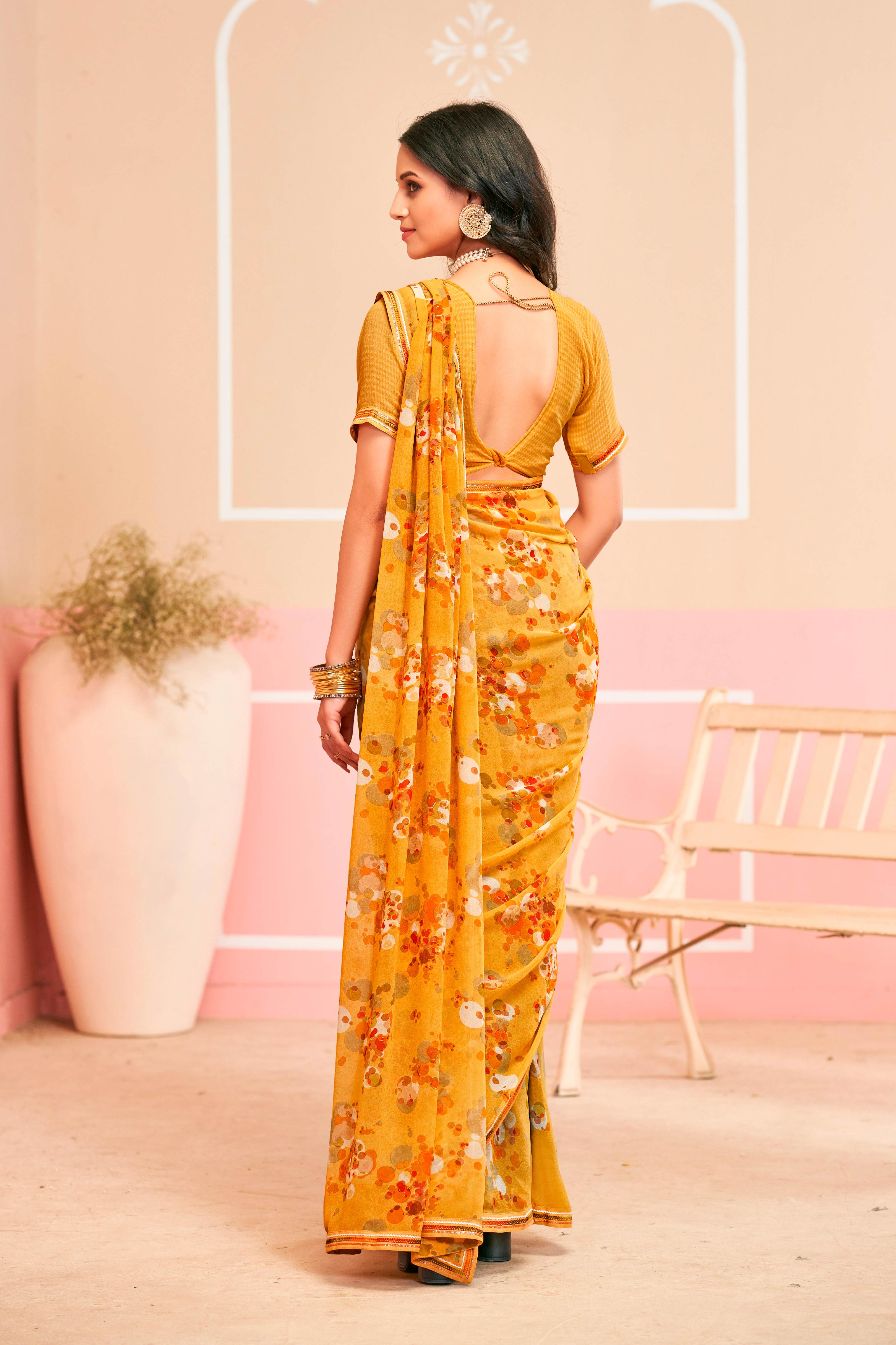 Laxmipati Honey Bunny Geometric Printed Georgette Saree in Yellow Color with Unstitched Blouse