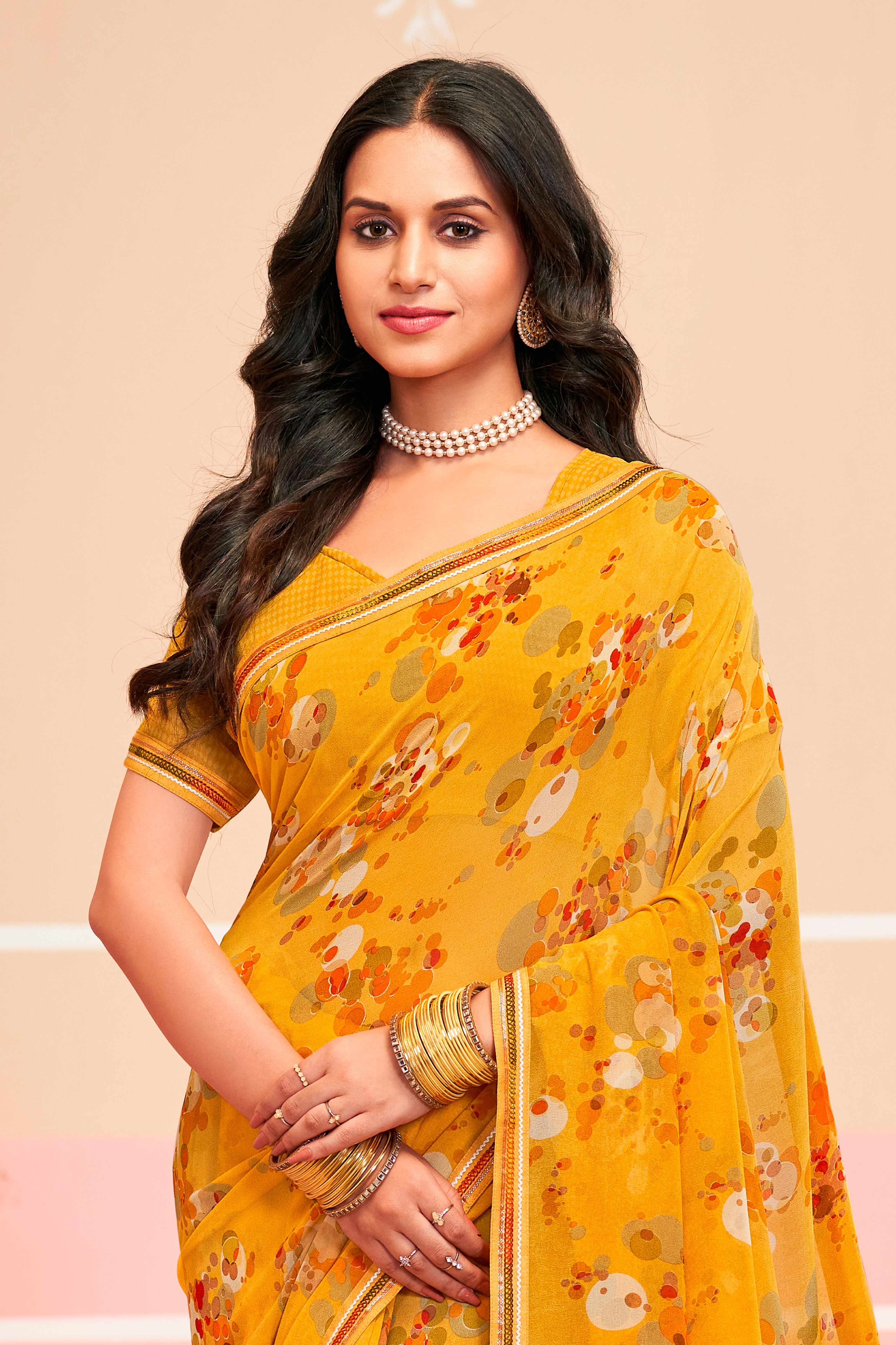 Laxmipati Honey Bunny Geometric Printed Georgette Saree in Yellow Color with Unstitched Blouse