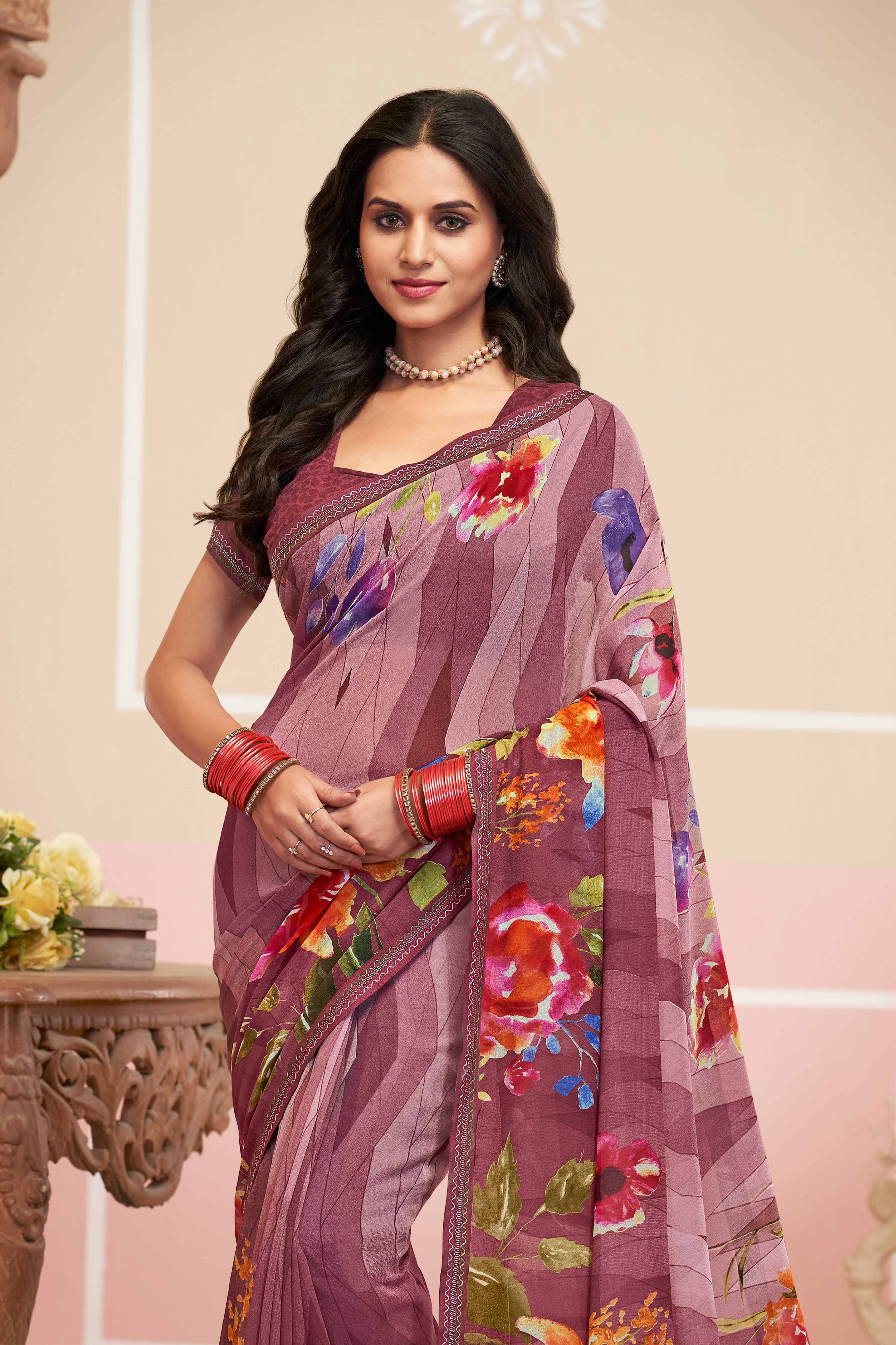 Ready to Wear Laxmipati Honey Bunny Floral Printed Georgette Saree in Purple Color with Unstitched Blouse