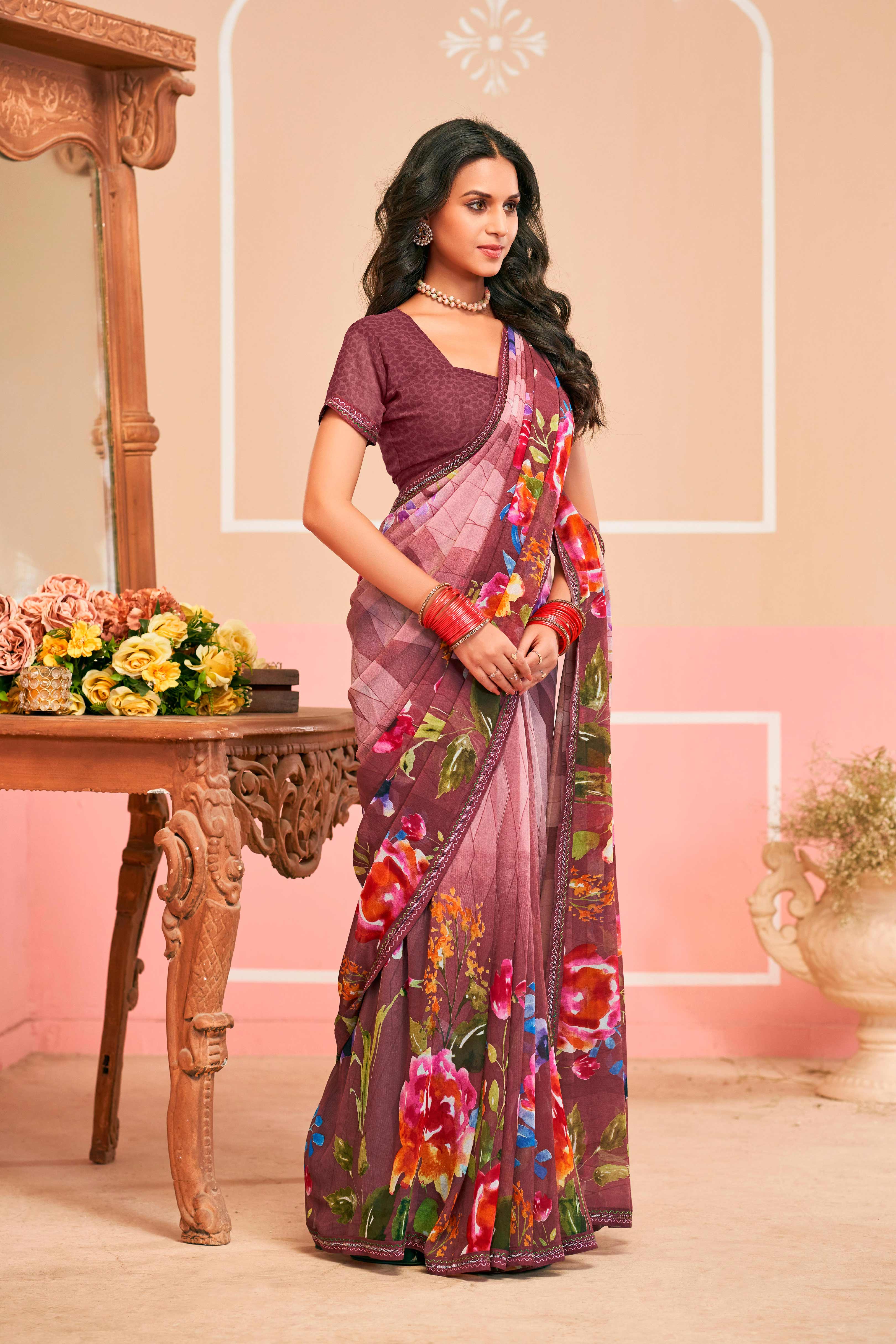 Ready to Wear Laxmipati Honey Bunny Floral Printed Georgette Saree in Purple Color with Unstitched Blouse