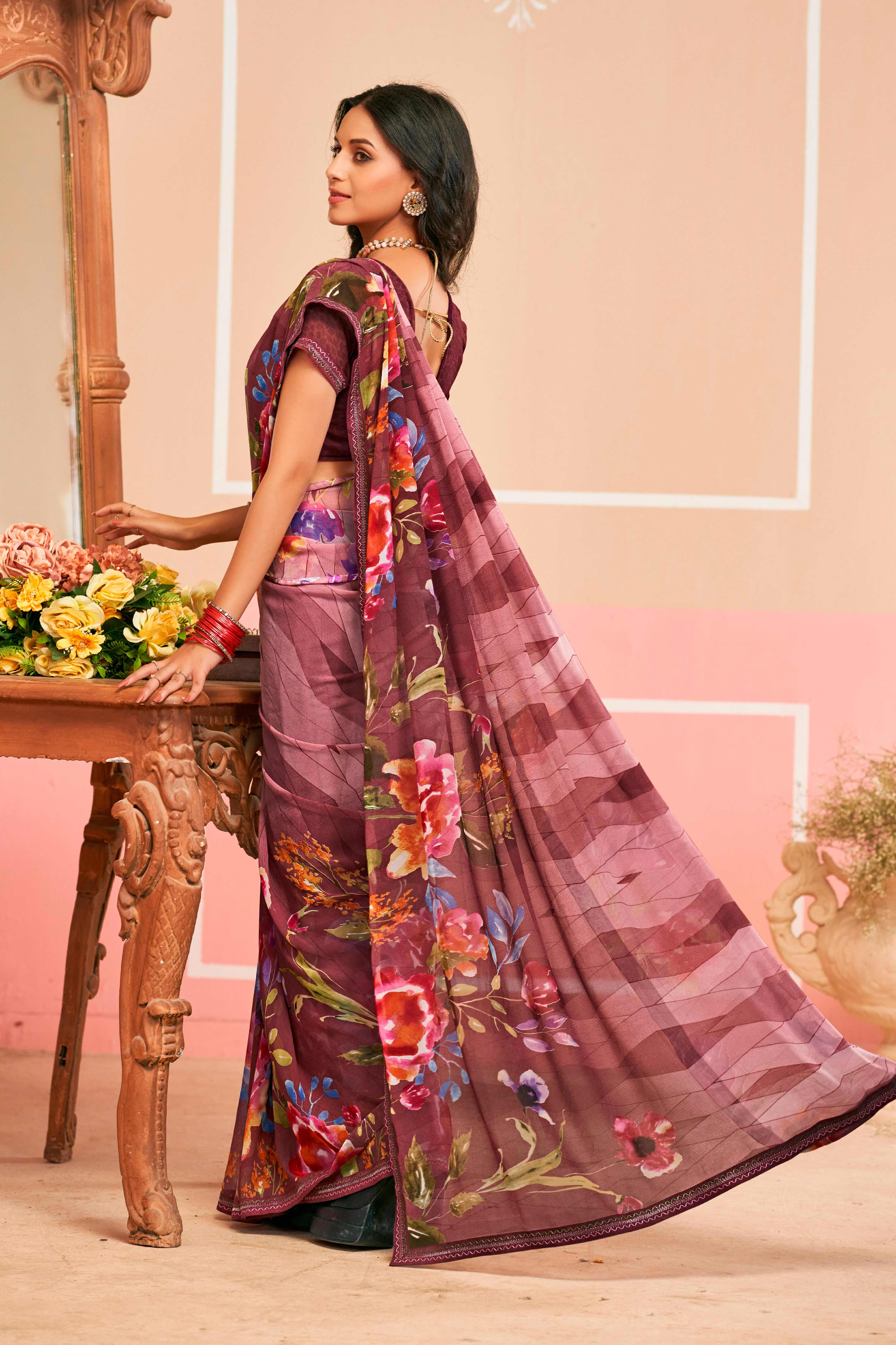 Ready to Wear Laxmipati Honey Bunny Floral Printed Georgette Saree in Purple Color with Unstitched Blouse
