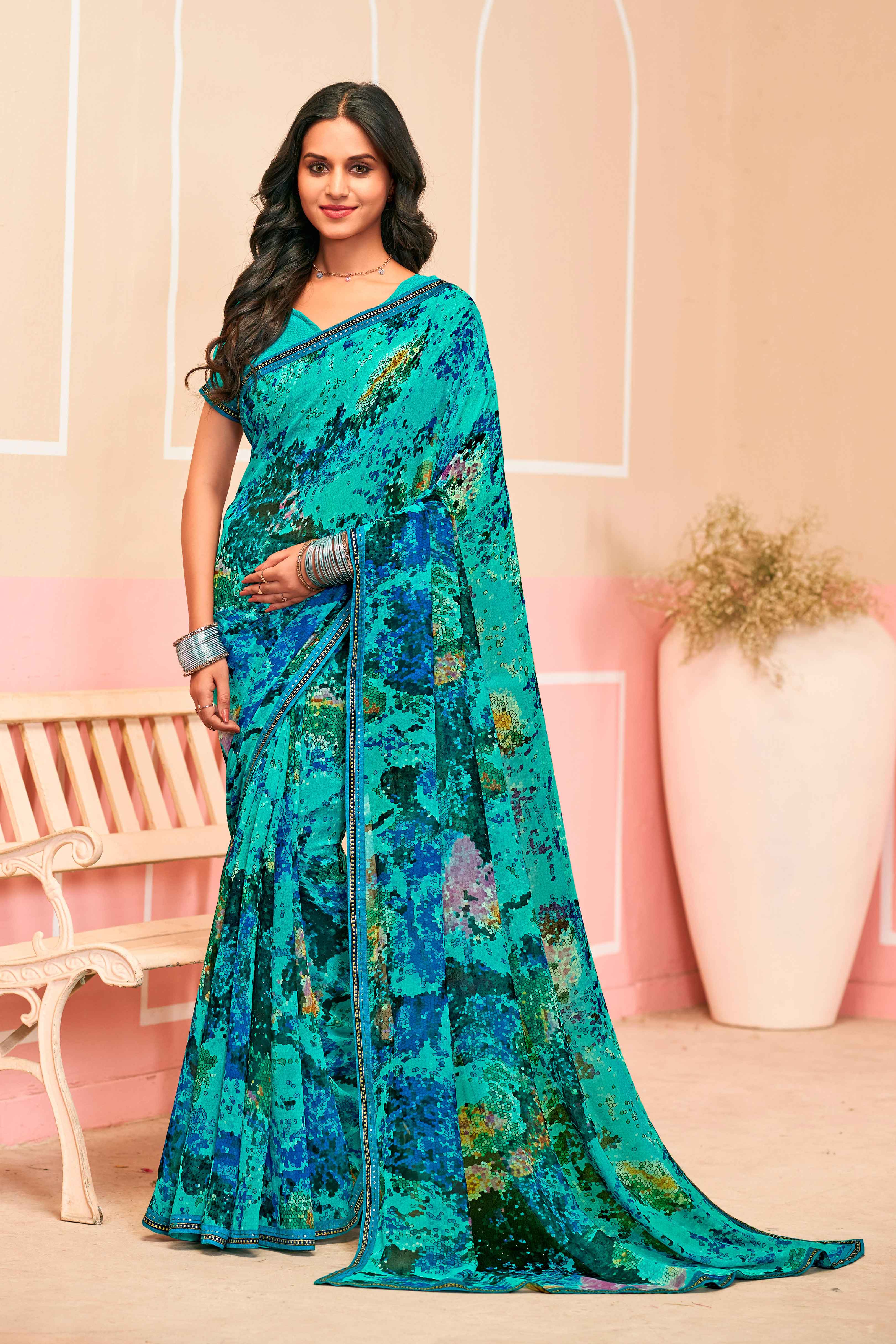 Laxmipati Honey Bunny Geometric Printed Georgette Saree in Turquoise Color with Unstitched Blouse