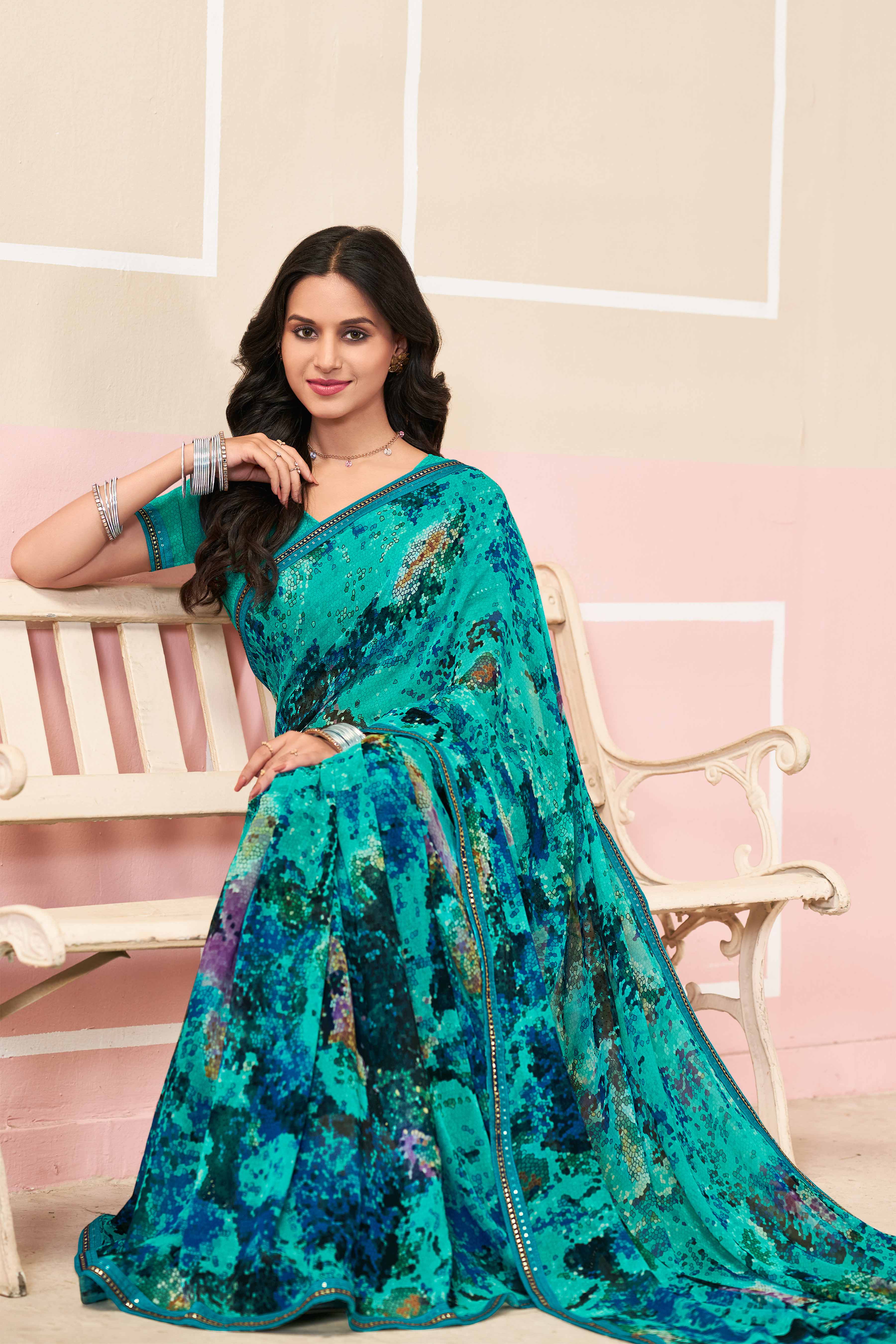 Laxmipati Honey Bunny Geometric Printed Georgette Saree in Turquoise Color with Unstitched Blouse
