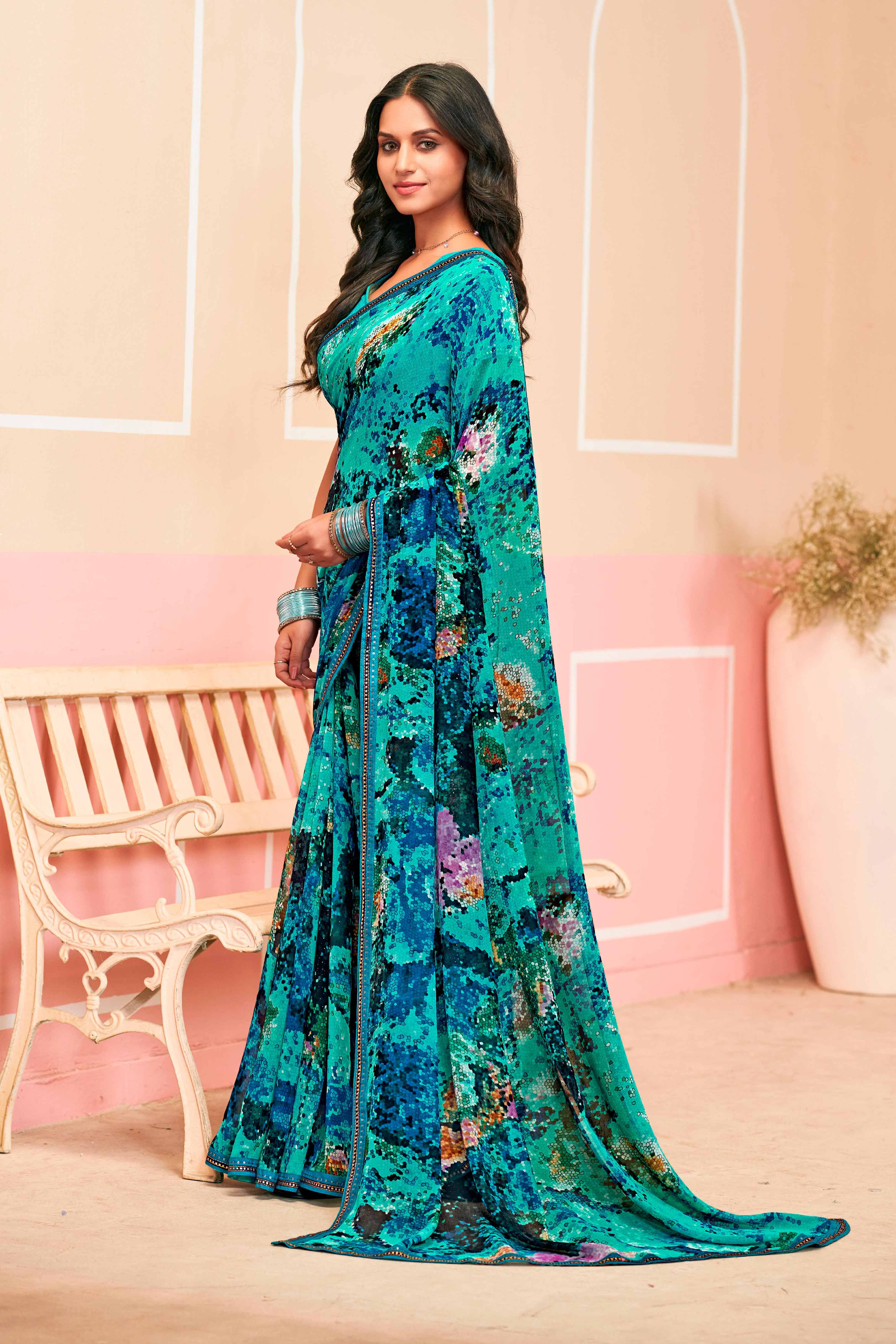 Laxmipati Honey Bunny Geometric Printed Georgette Saree in Turquoise Color with Unstitched Blouse