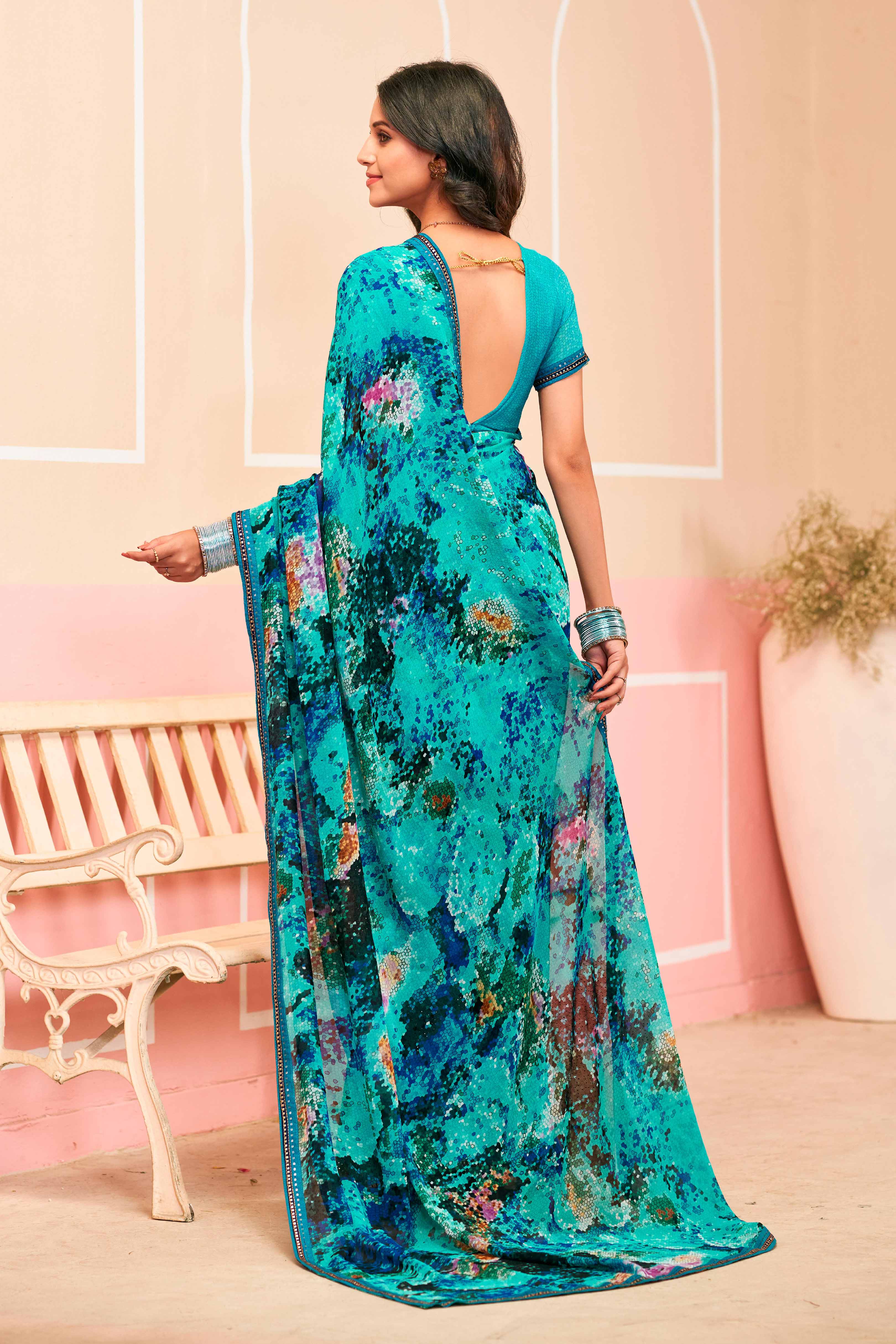 Laxmipati Honey Bunny Geometric Printed Georgette Saree in Turquoise Color with Unstitched Blouse