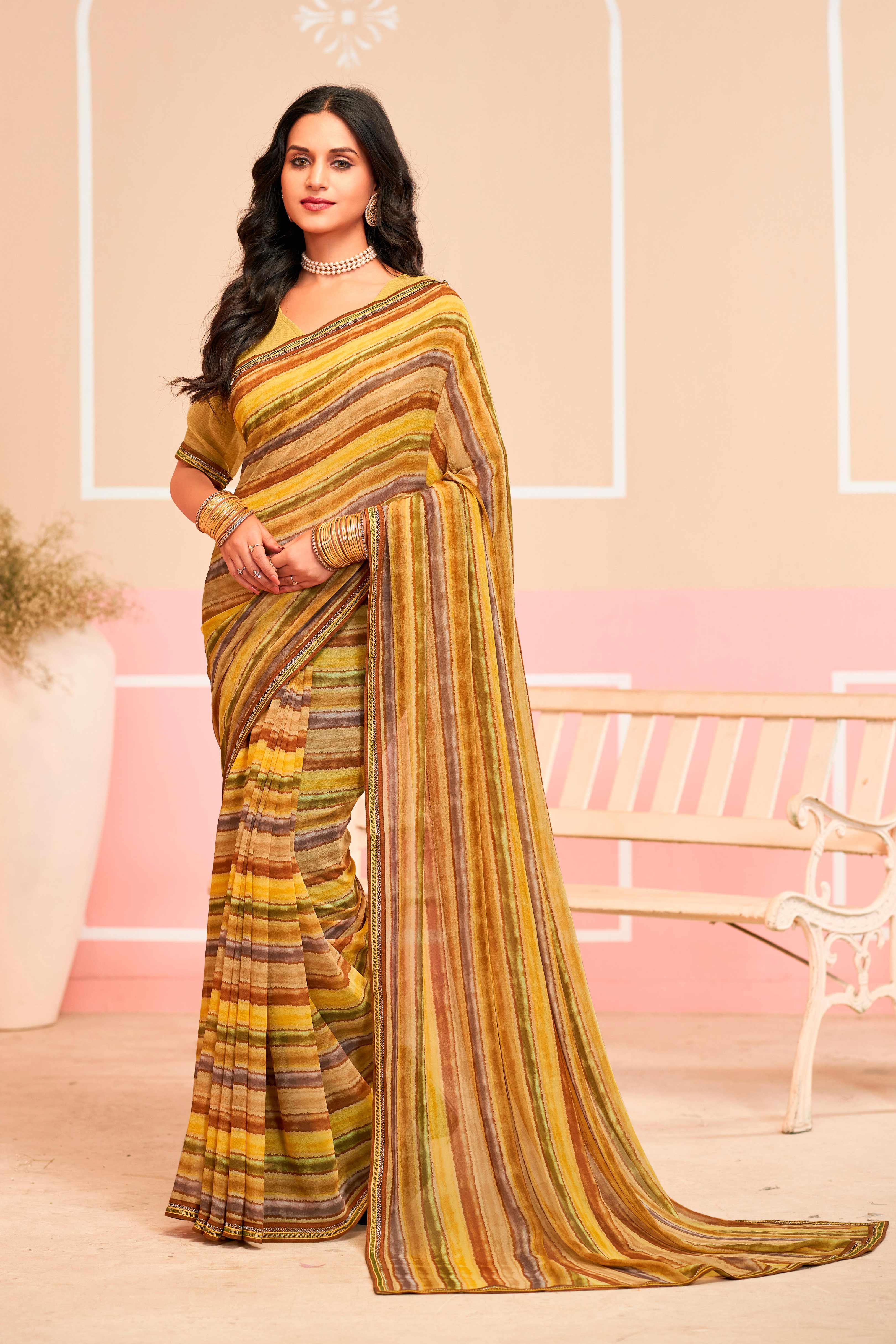 Laxmipati Honey Bunny Horizontal Pinstripes Printed Georgette Saree in Brown Color with Unstitched Blouse