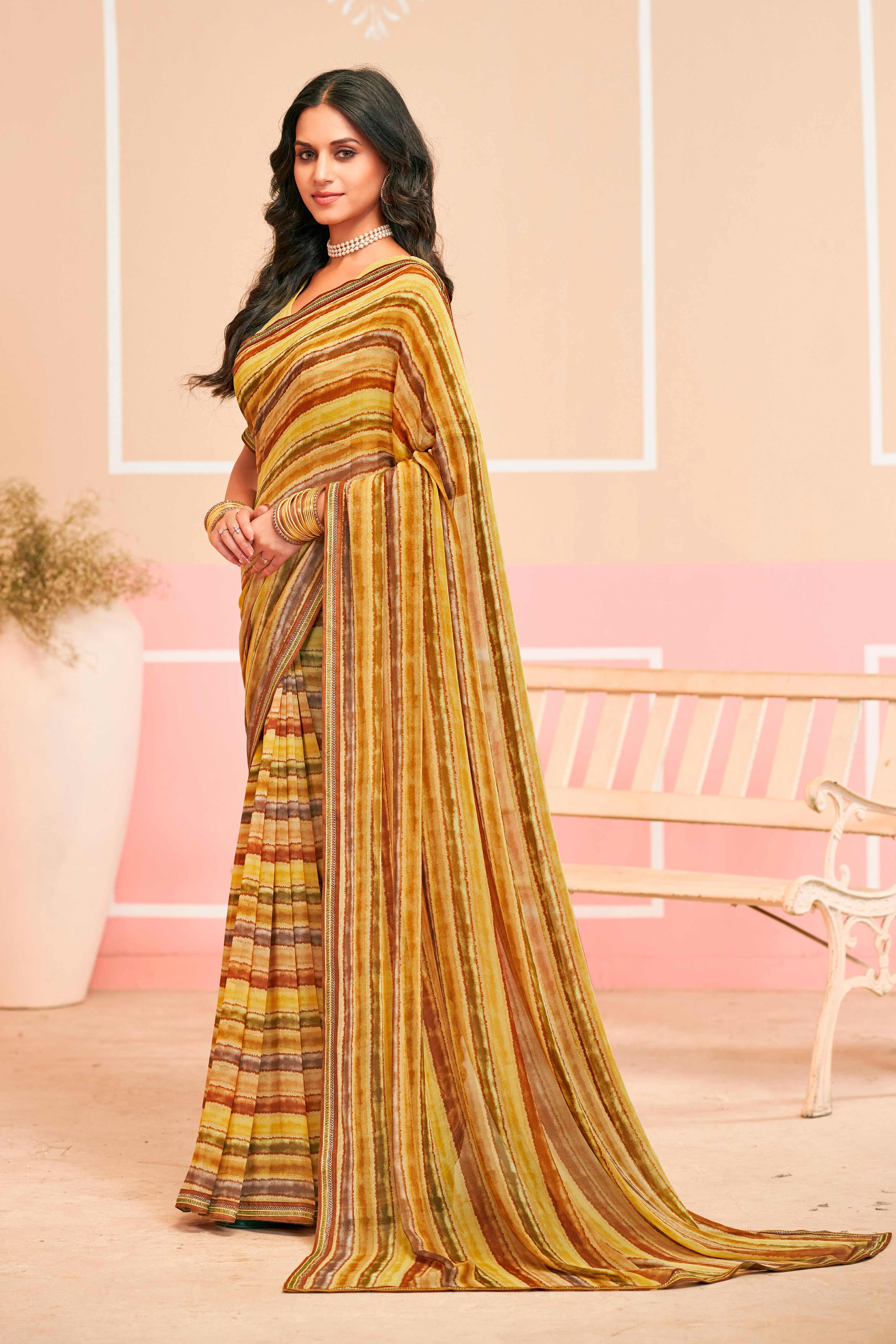 Laxmipati Honey Bunny Horizontal Pinstripes Printed Georgette Saree in Brown Color with Unstitched Blouse