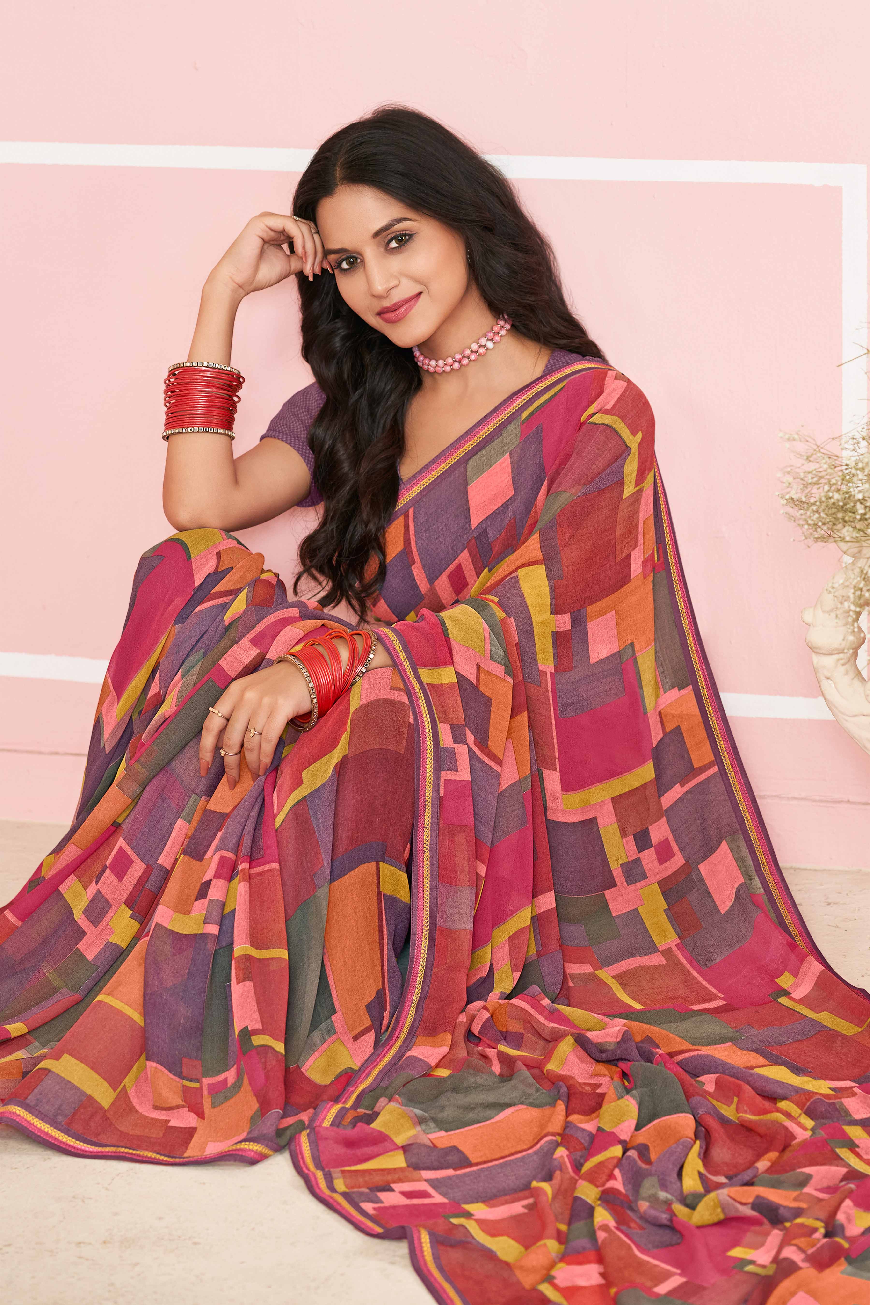 Laxmipati Honey Bunny Geometric Printed Saree in Multicolor with Unstitched Blouse