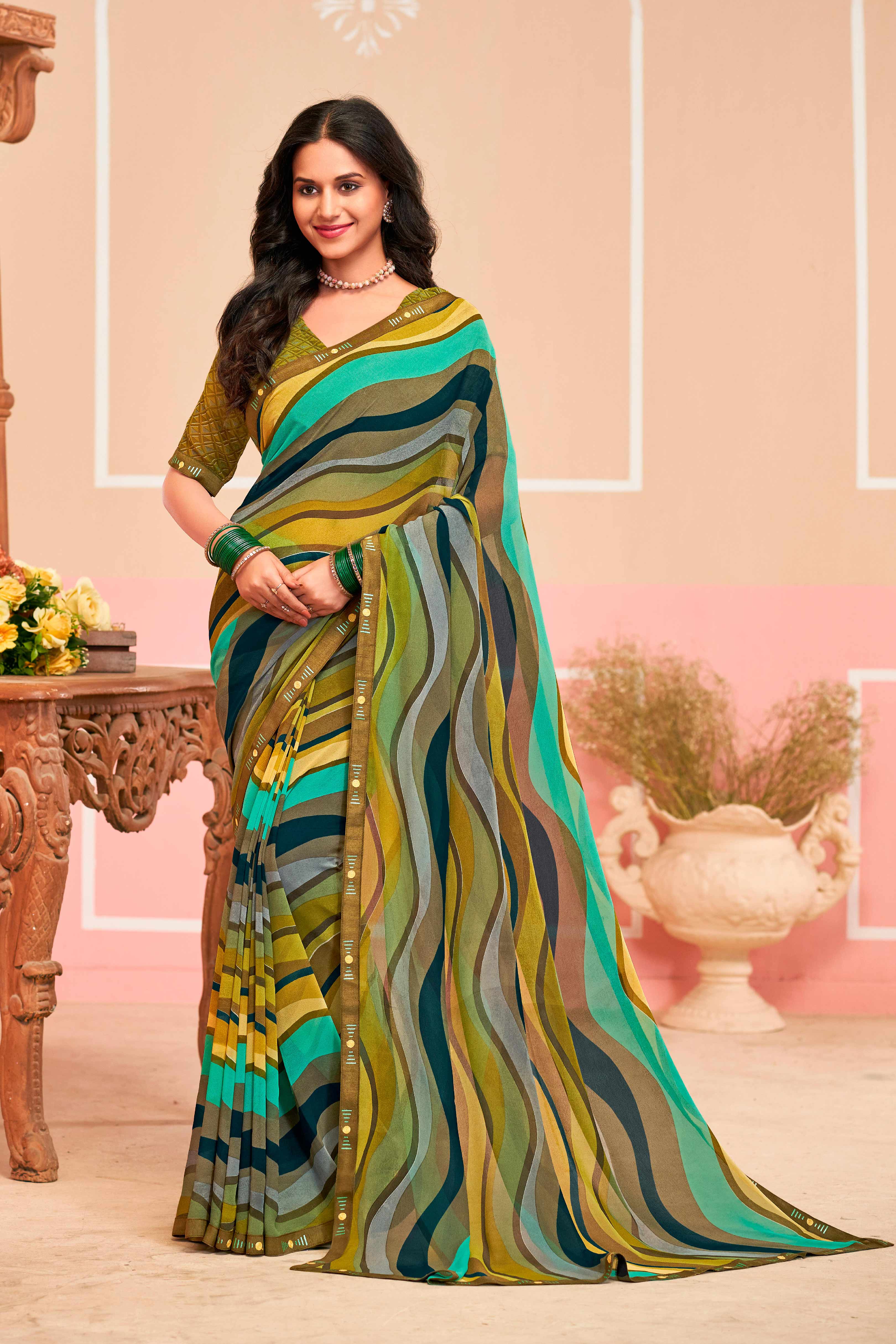 Laxmipati Honey Bunny Chevron Printed Saree in Multicolor with Unstitched Blouse