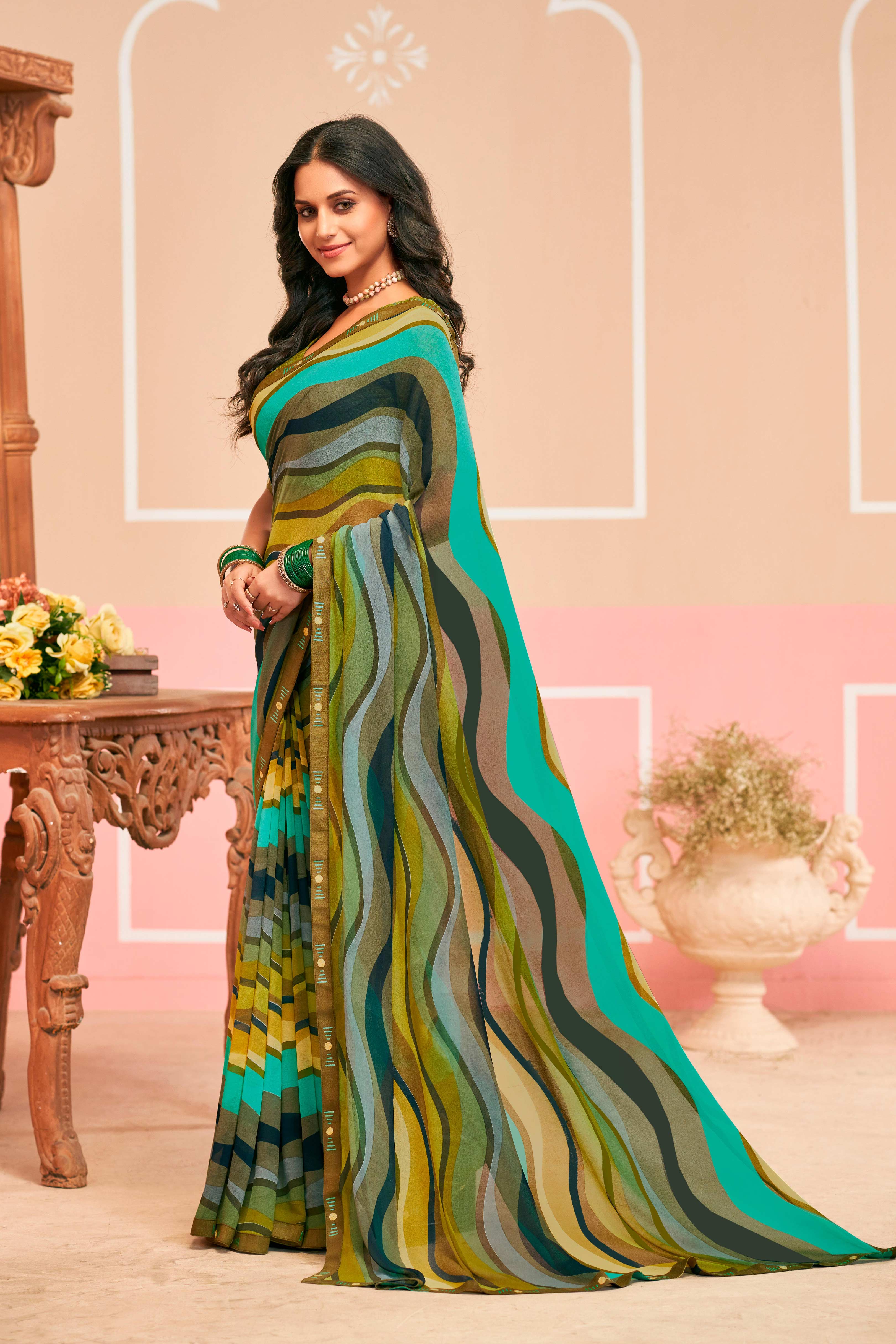 Laxmipati Honey Bunny Chevron Printed Saree in Multicolor with Unstitched Blouse