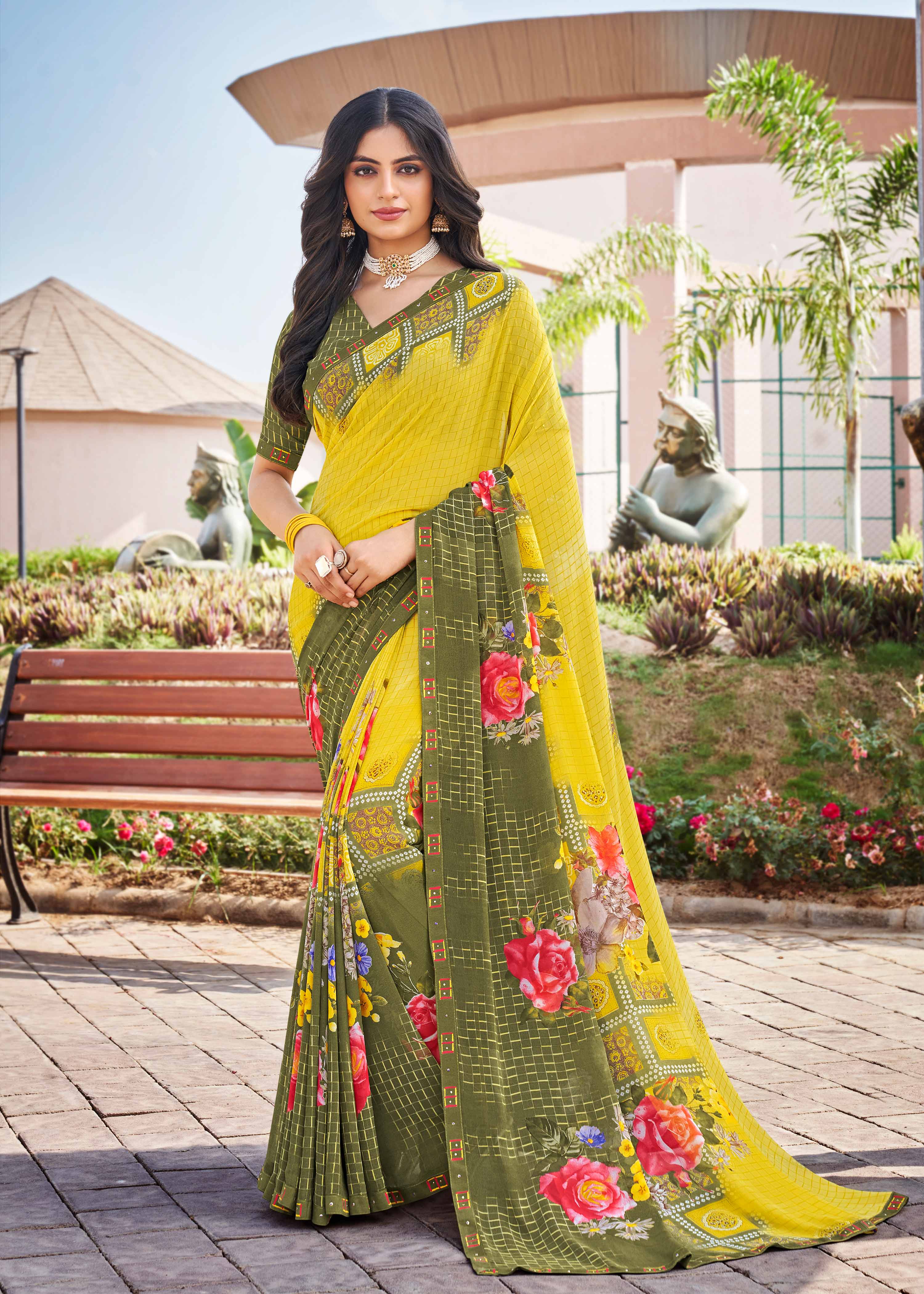Laxmipati Noori-2 Checkered & Floral Printed Georgette Saree in Yellow Color with Unstitched Blouse