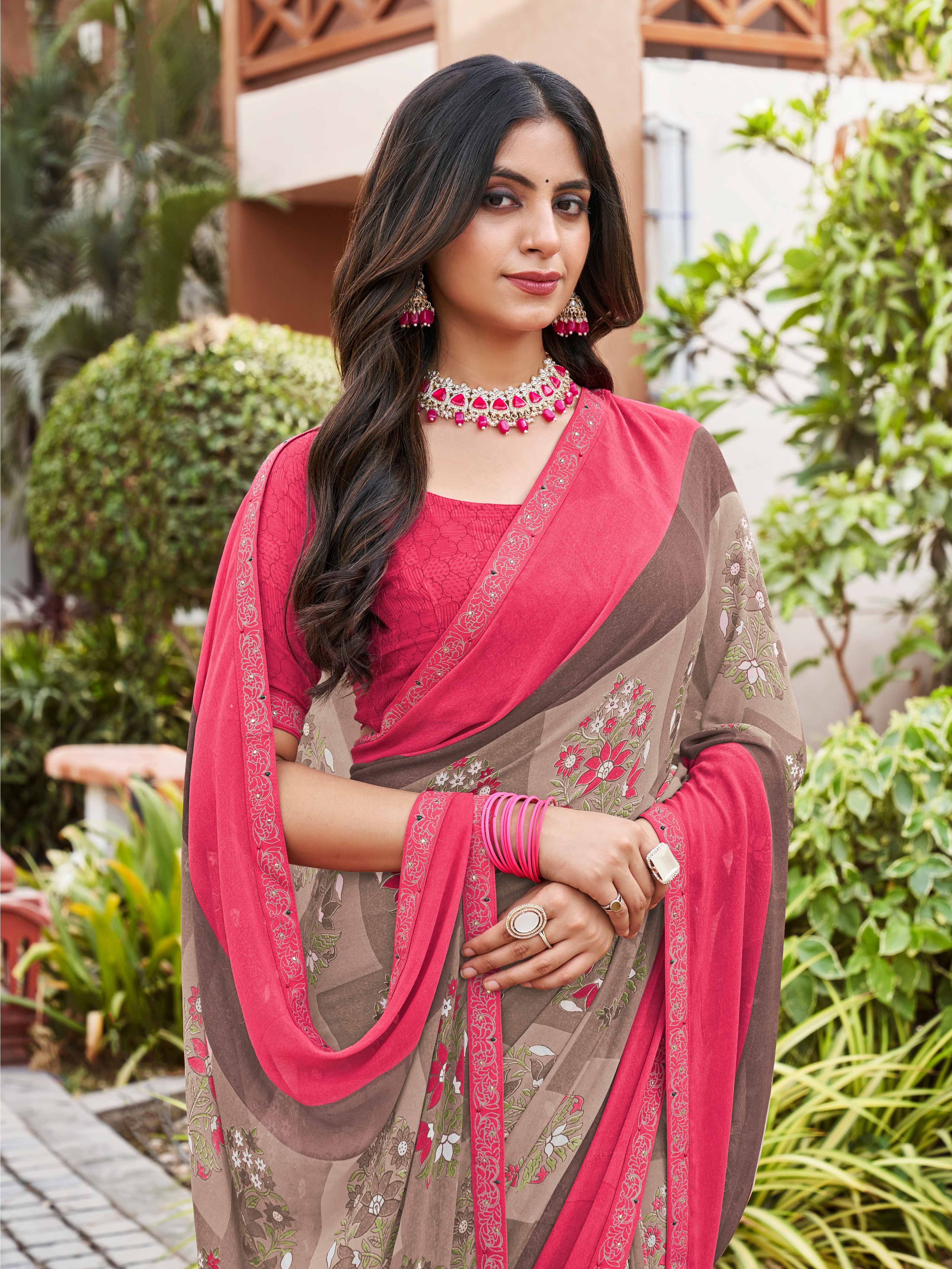 Laxmipati Noori-2 Checkered & Floral Printed Georgette Saree in Brown Color with Unstitched Blouse