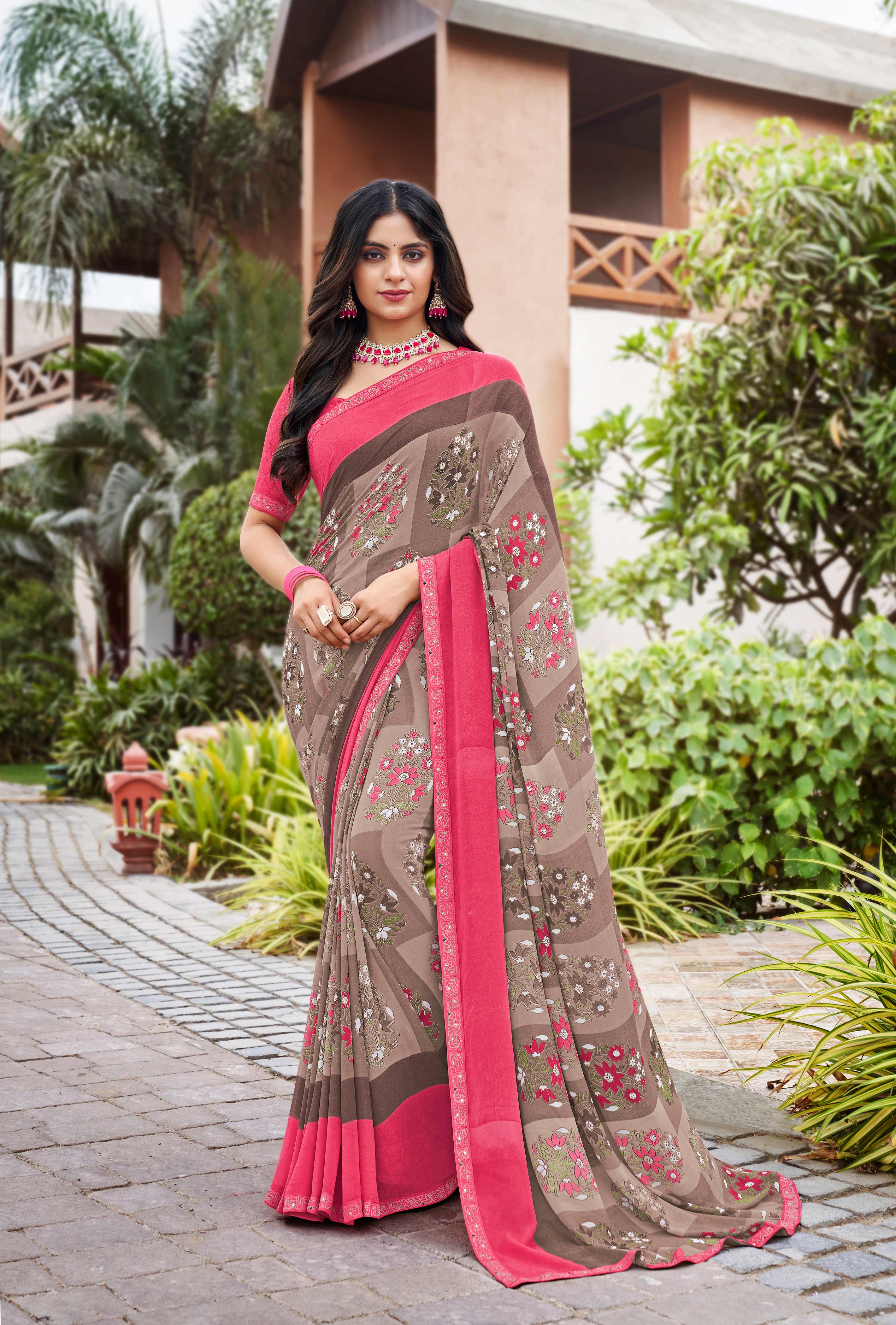 Laxmipati Noori-2 Checkered & Floral Printed Georgette Saree in Brown Color with Unstitched Blouse