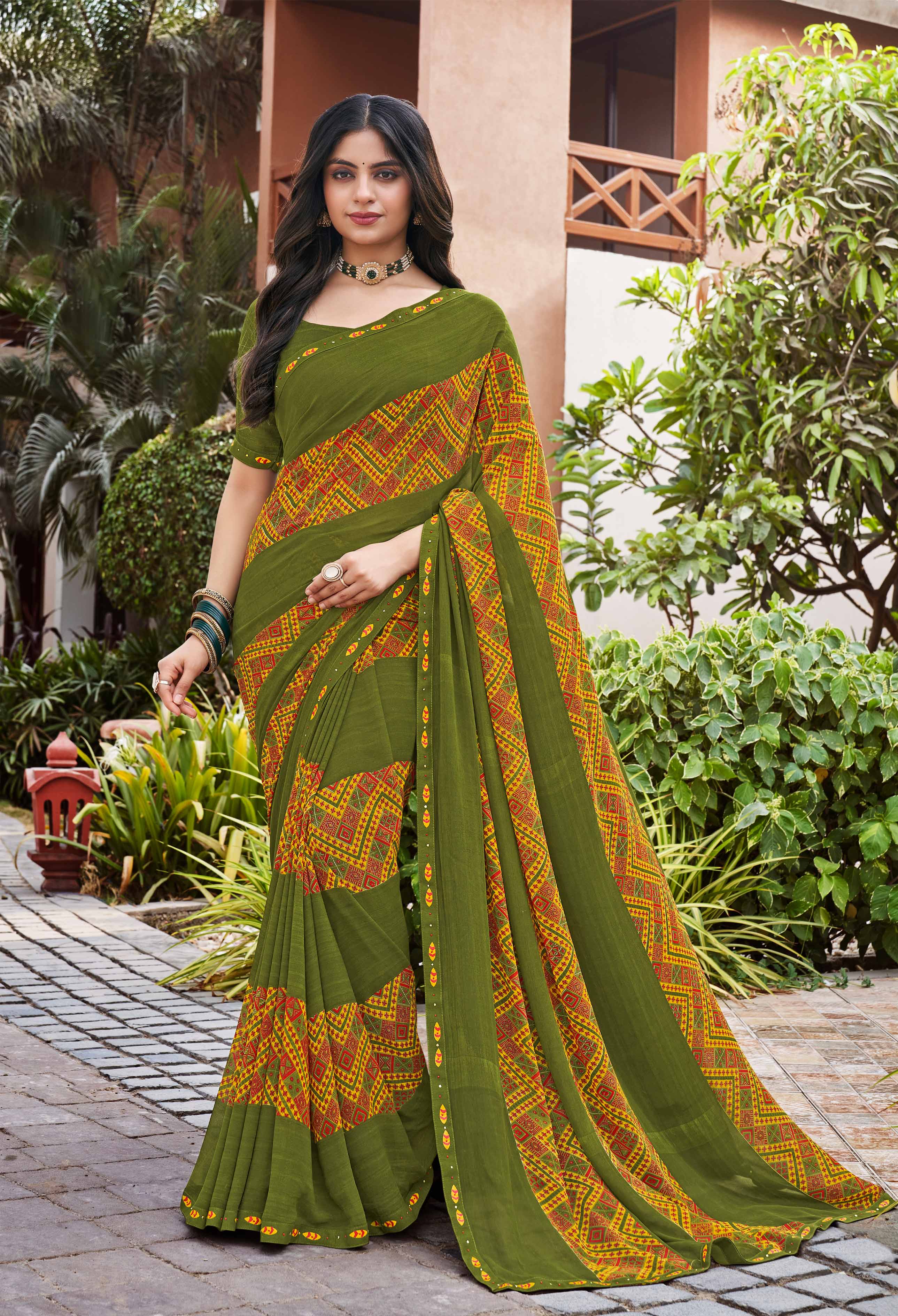 Laxmipati Noori-2 Floral Printed Georgette Saree in Olive Green Color with Unstitched Blouse