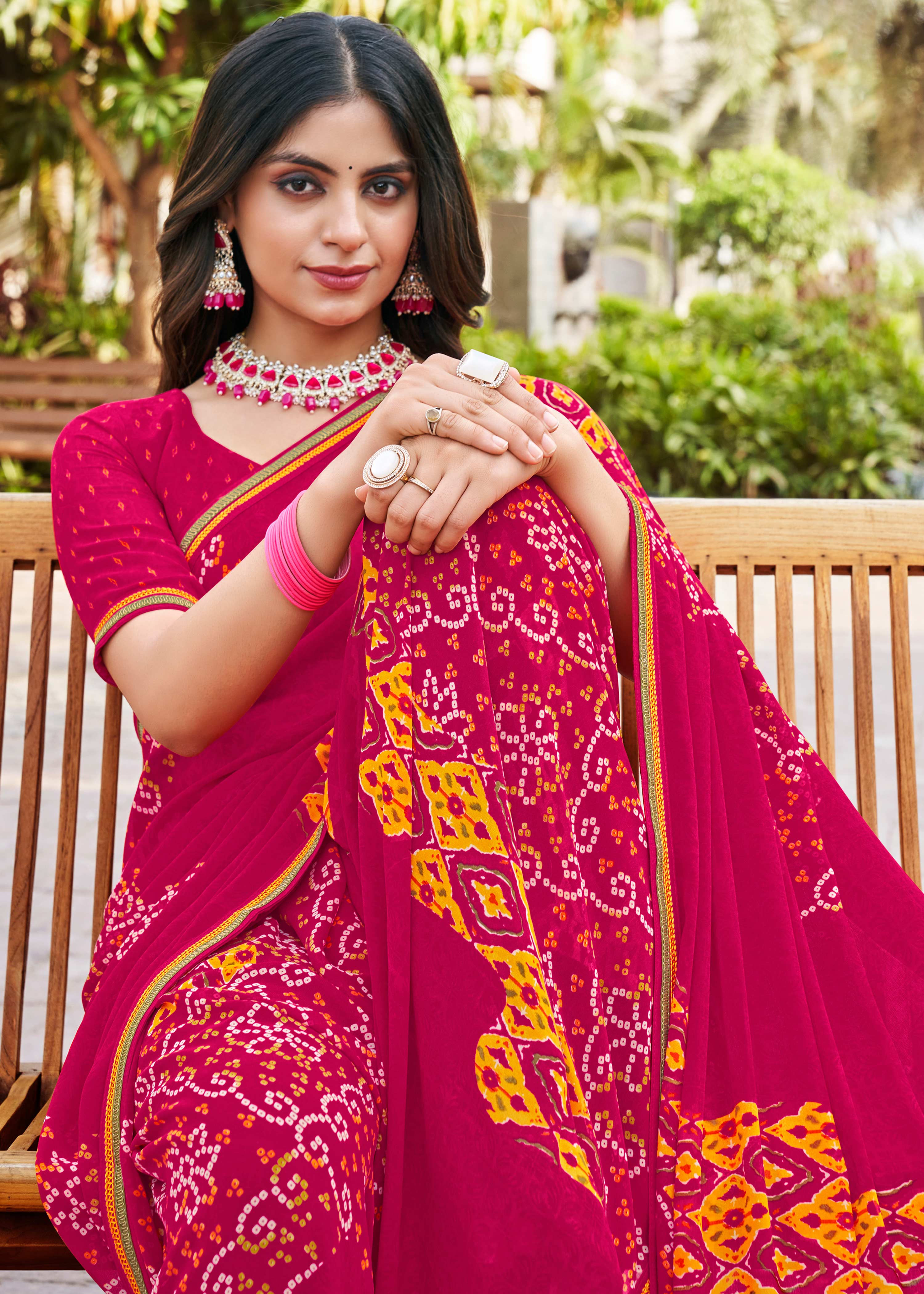 Laxmipati Noori-2 Bandhani Printed Georgette Saree in Dark Pink Color with Unstitched Blouse