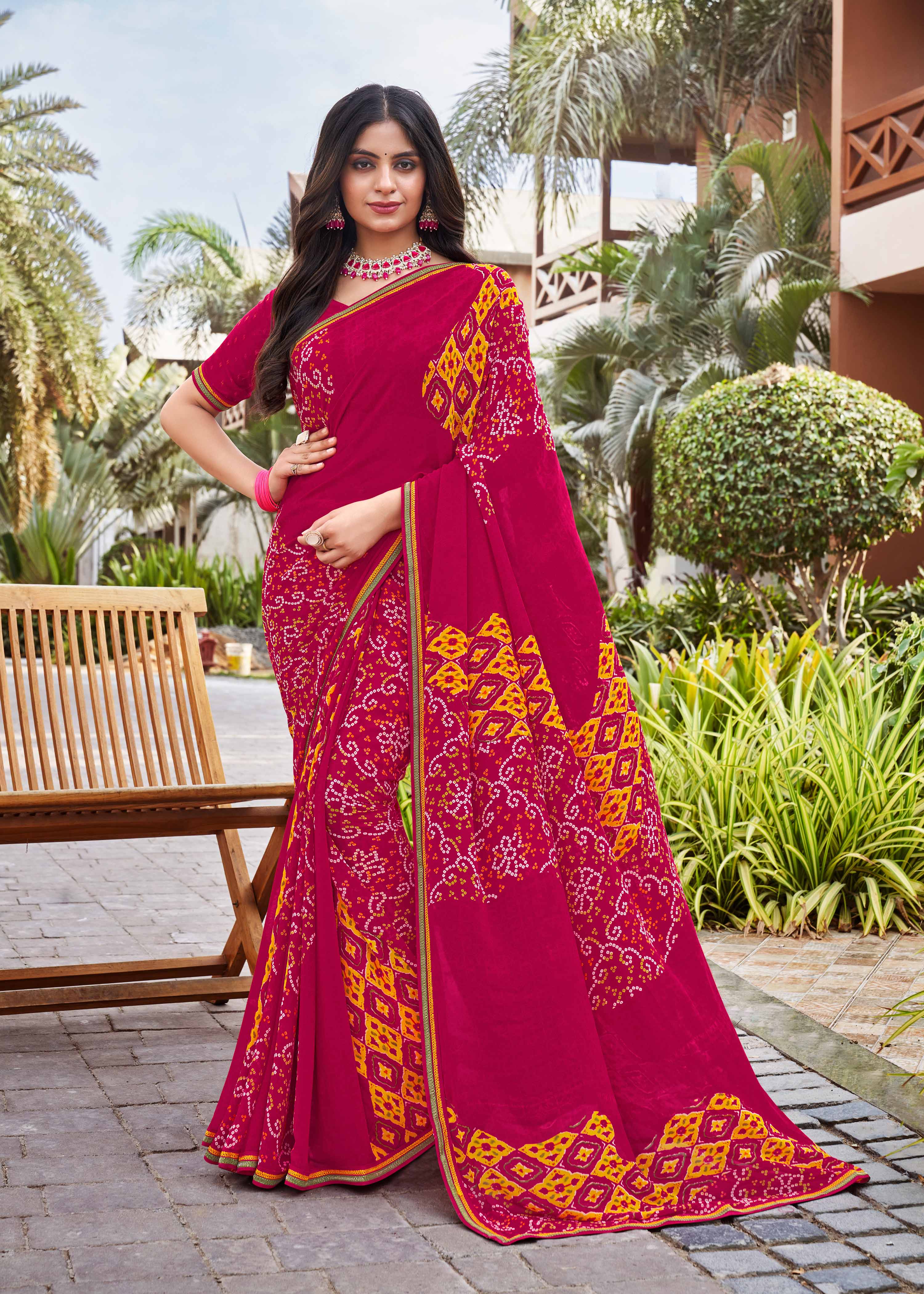 Laxmipati Noori-2 Bandhani Printed Georgette Saree in Dark Pink Color with Unstitched Blouse