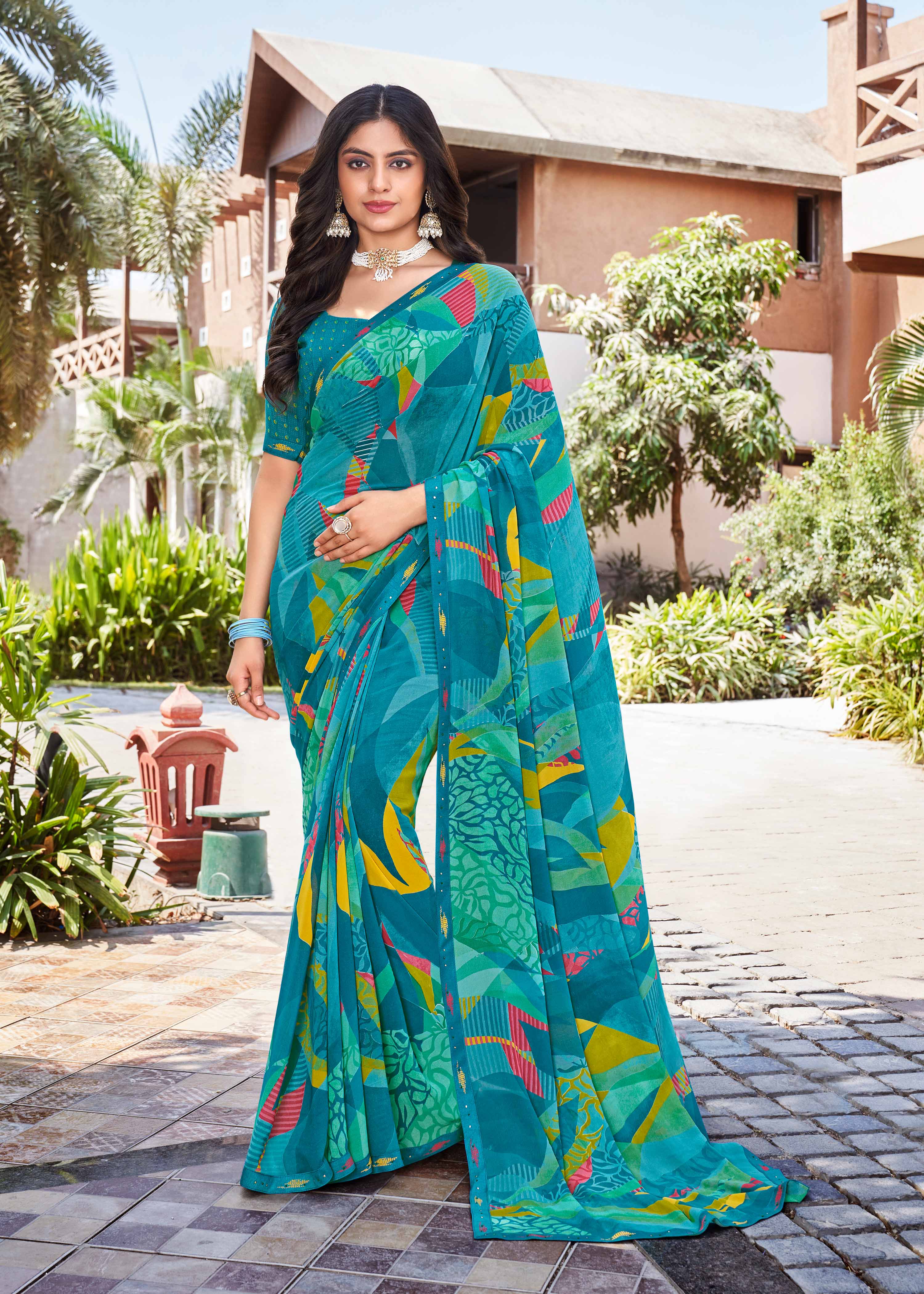Laxmipati Noori-2 Abstract Printed Georgette Saree in Blue Color with Unstitched Blouse