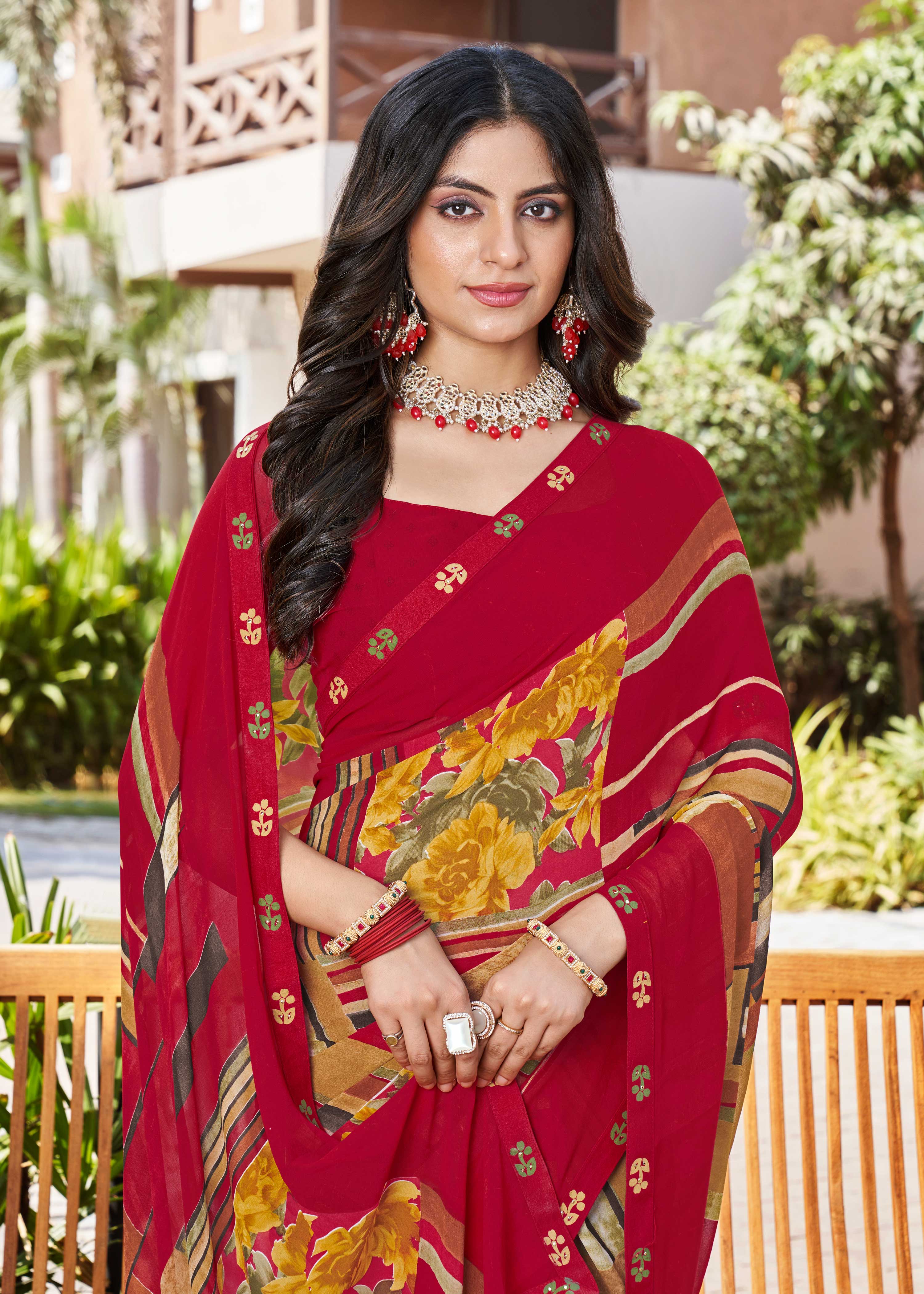 Laxmipati Noori-2 Floral Printed Georgette Saree in Red Color with Unstitched Blouse