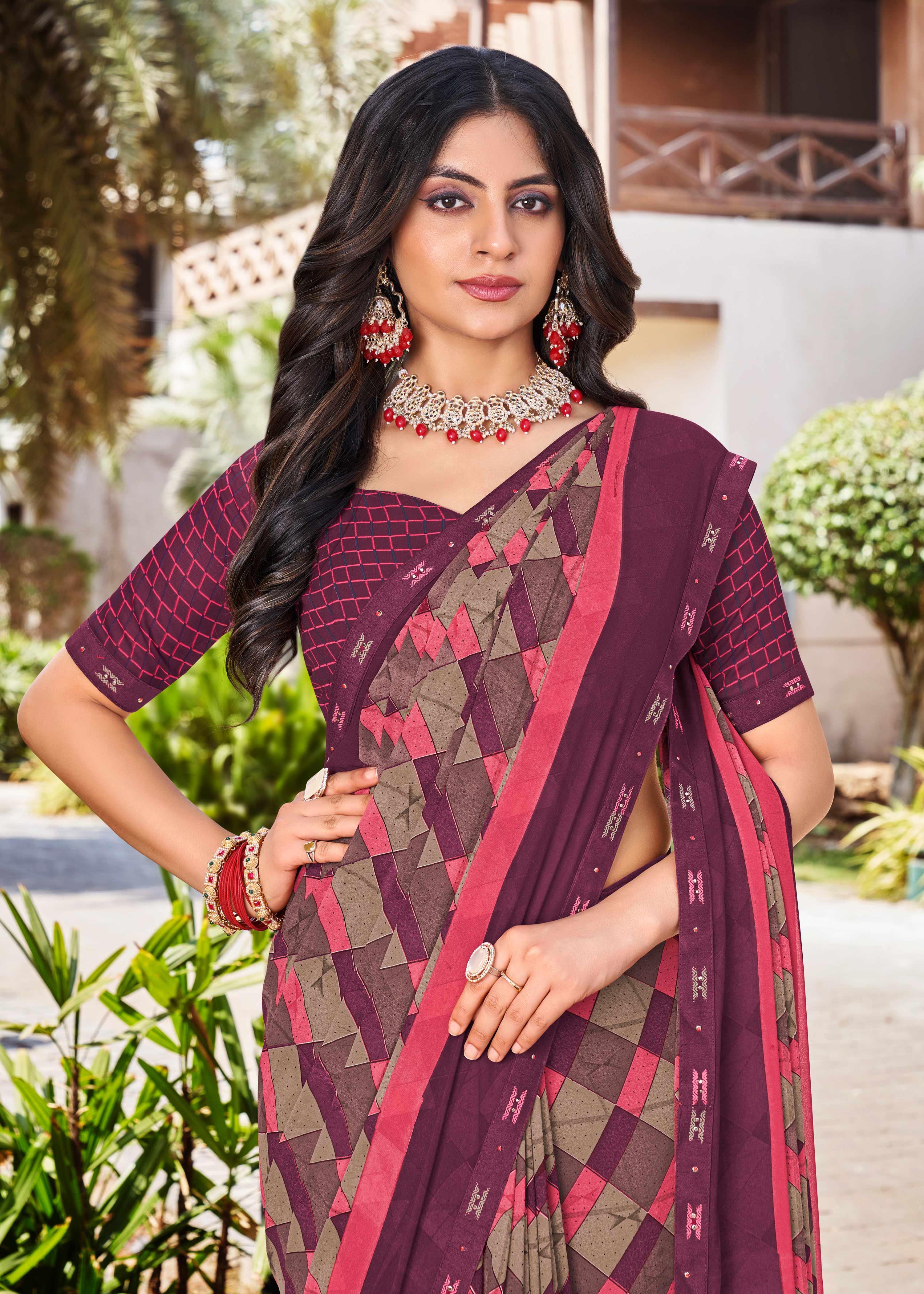 Ready to Wear Laxmipati Noor-2 Geometric Printed Saree in Purple Color with Unstitched Blouse