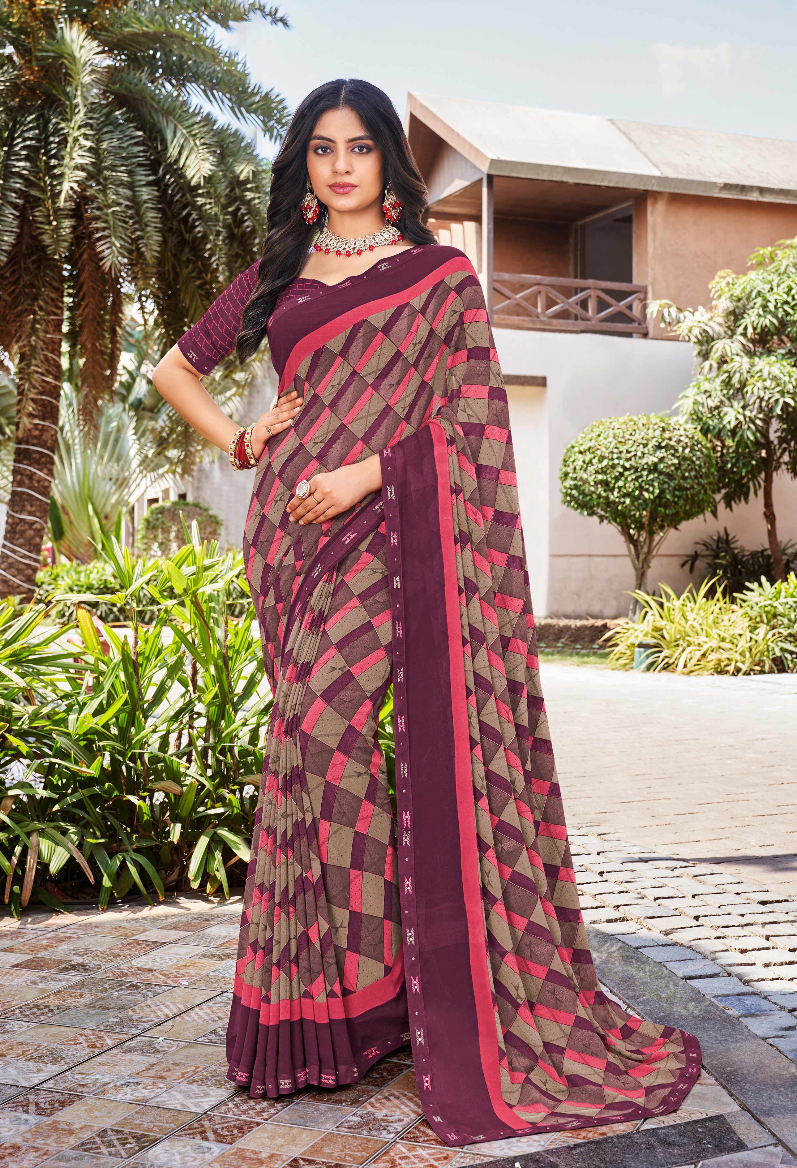 Ready to Wear Laxmipati Noor-2 Geometric Printed Saree in Purple Color with Unstitched Blouse