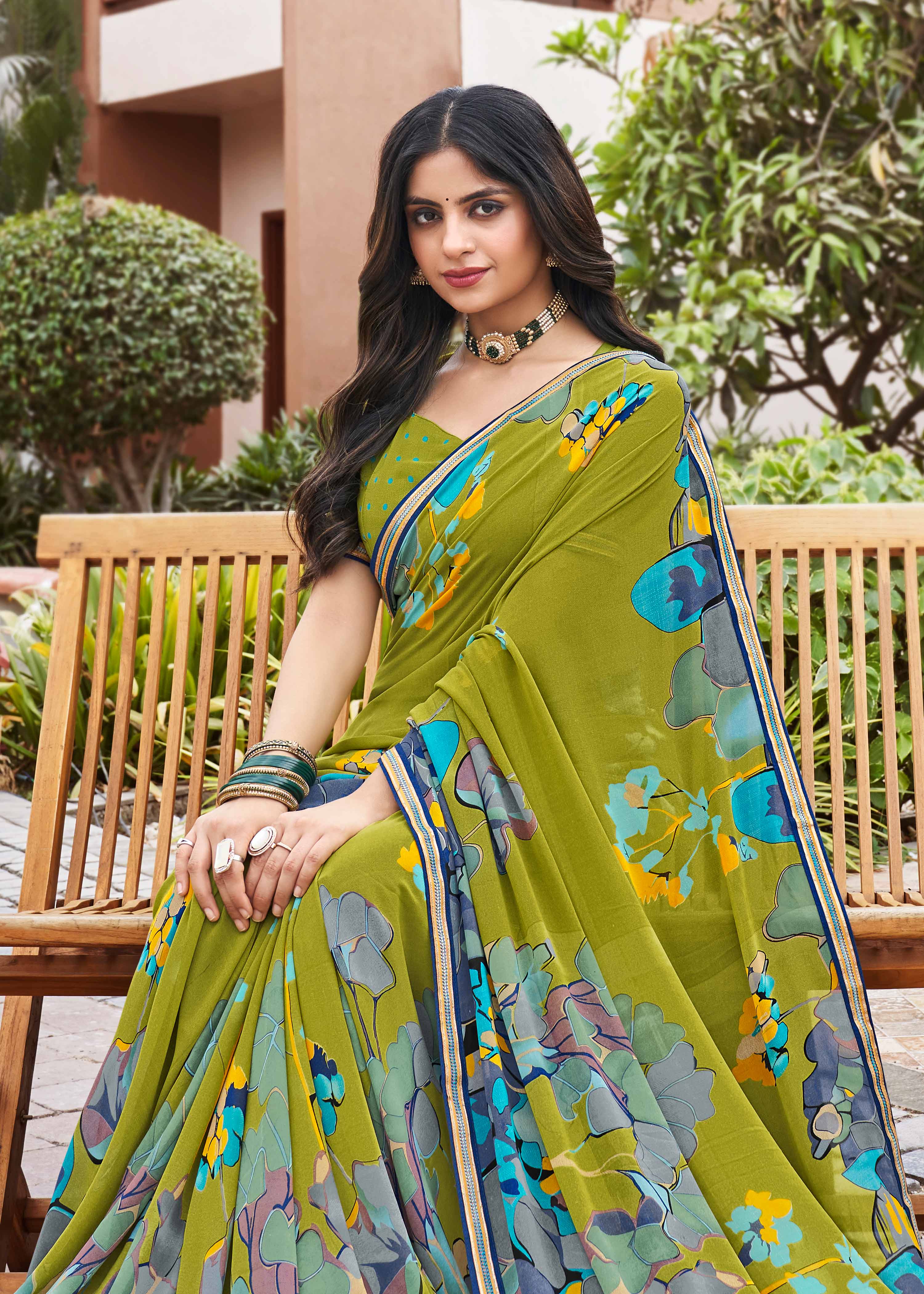 Laxmipati Noori-2 Floral Printed Georgette Saree in Lime Green Color with Unstitched Blouse