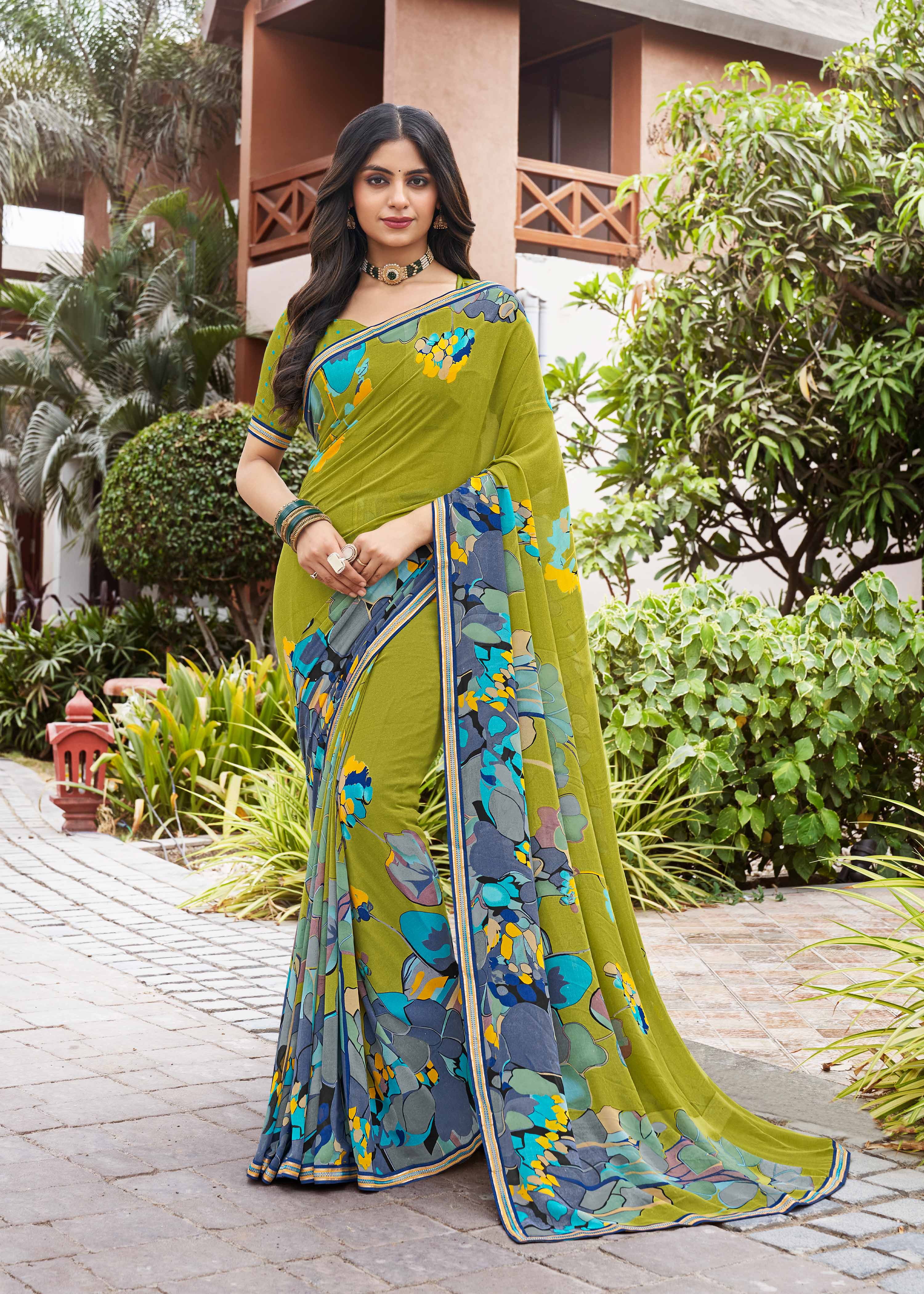 Laxmipati Noori-2 Floral Printed Georgette Saree in Lime Green Color with Unstitched Blouse
