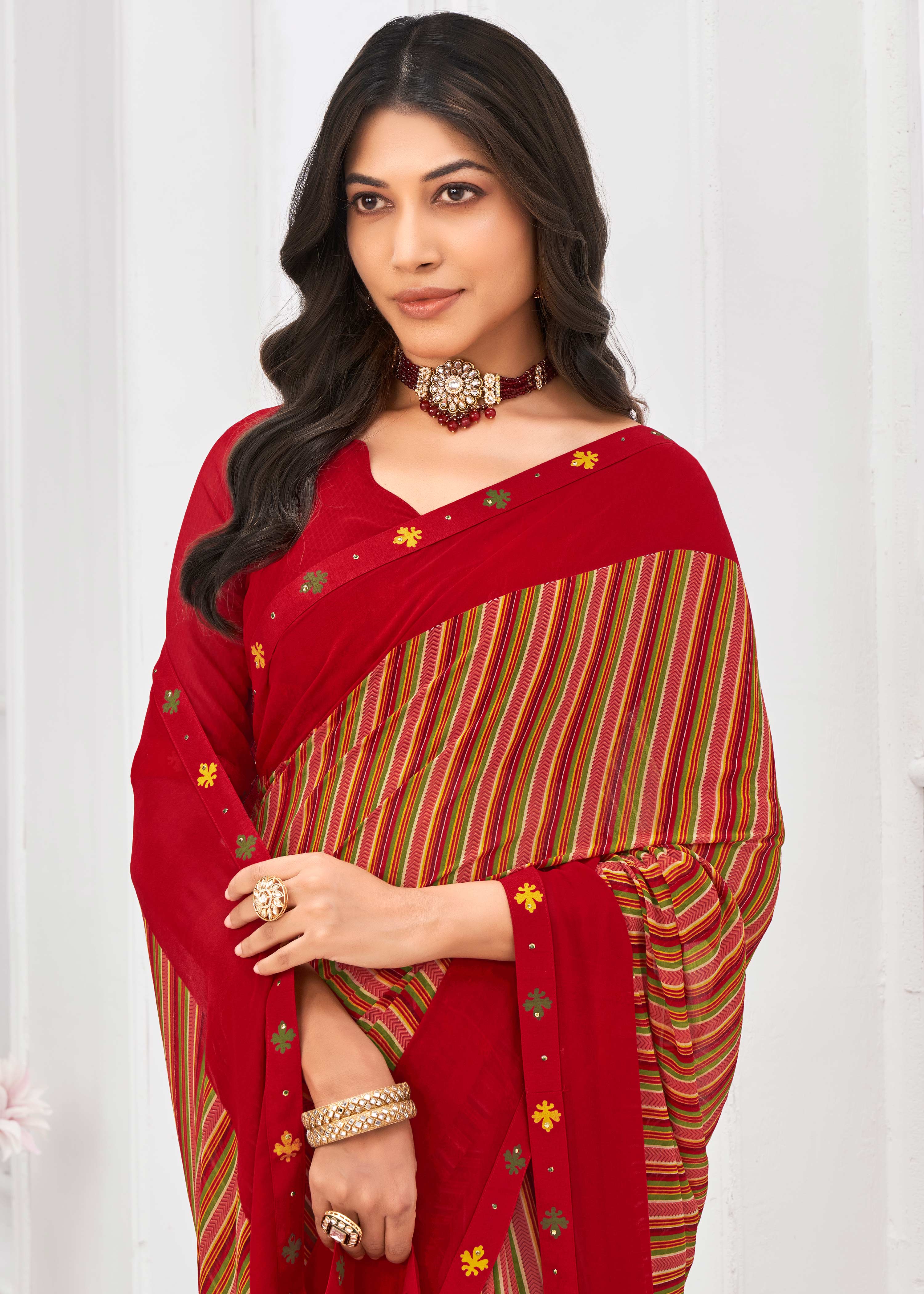 Laxmipati Dil Khushal Geometric Printed Georgette Saree in Red Color with Unstitched Blouse