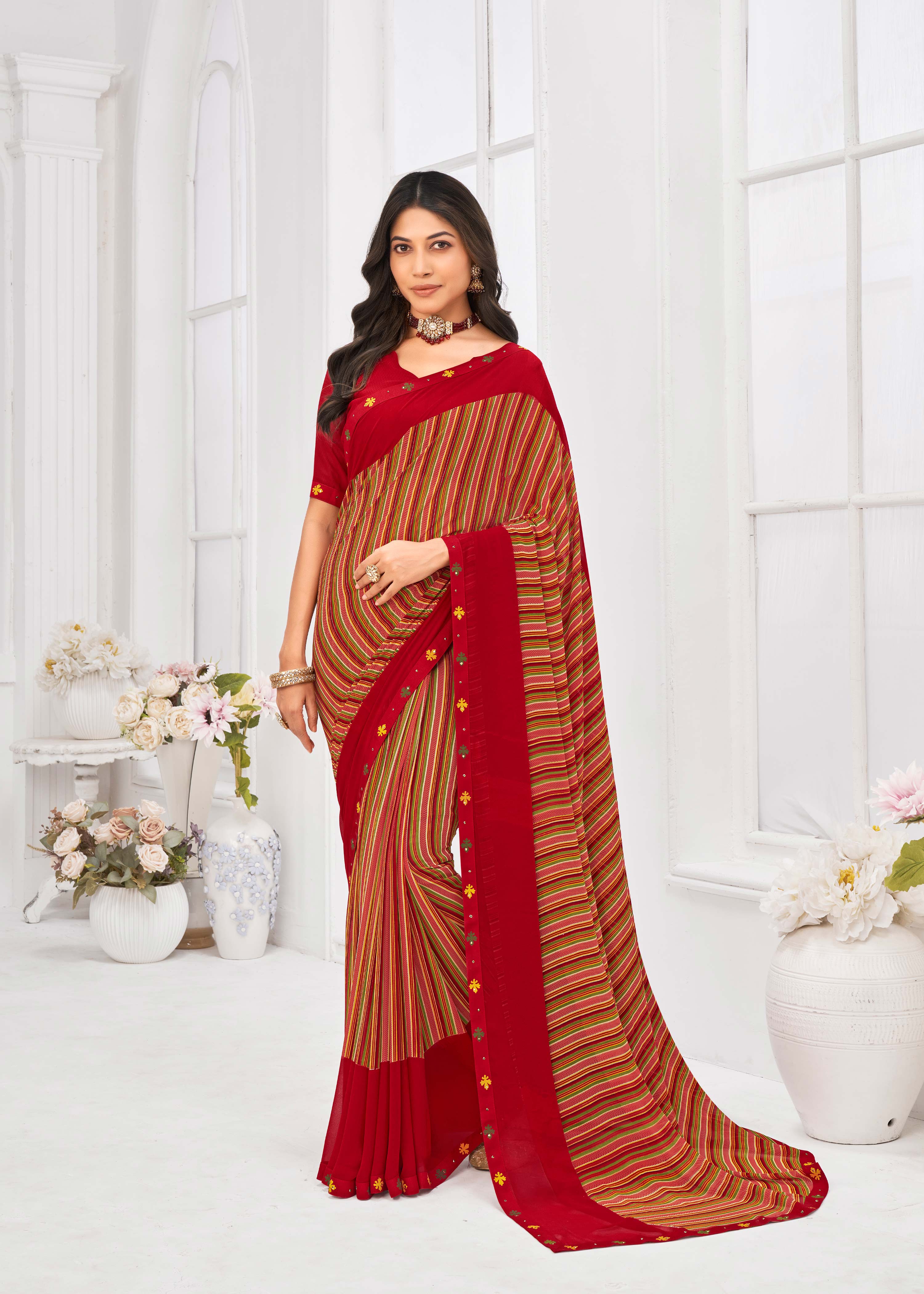 Laxmipati Dil Khushal Geometric Printed Georgette Saree in Red Color with Unstitched Blouse
