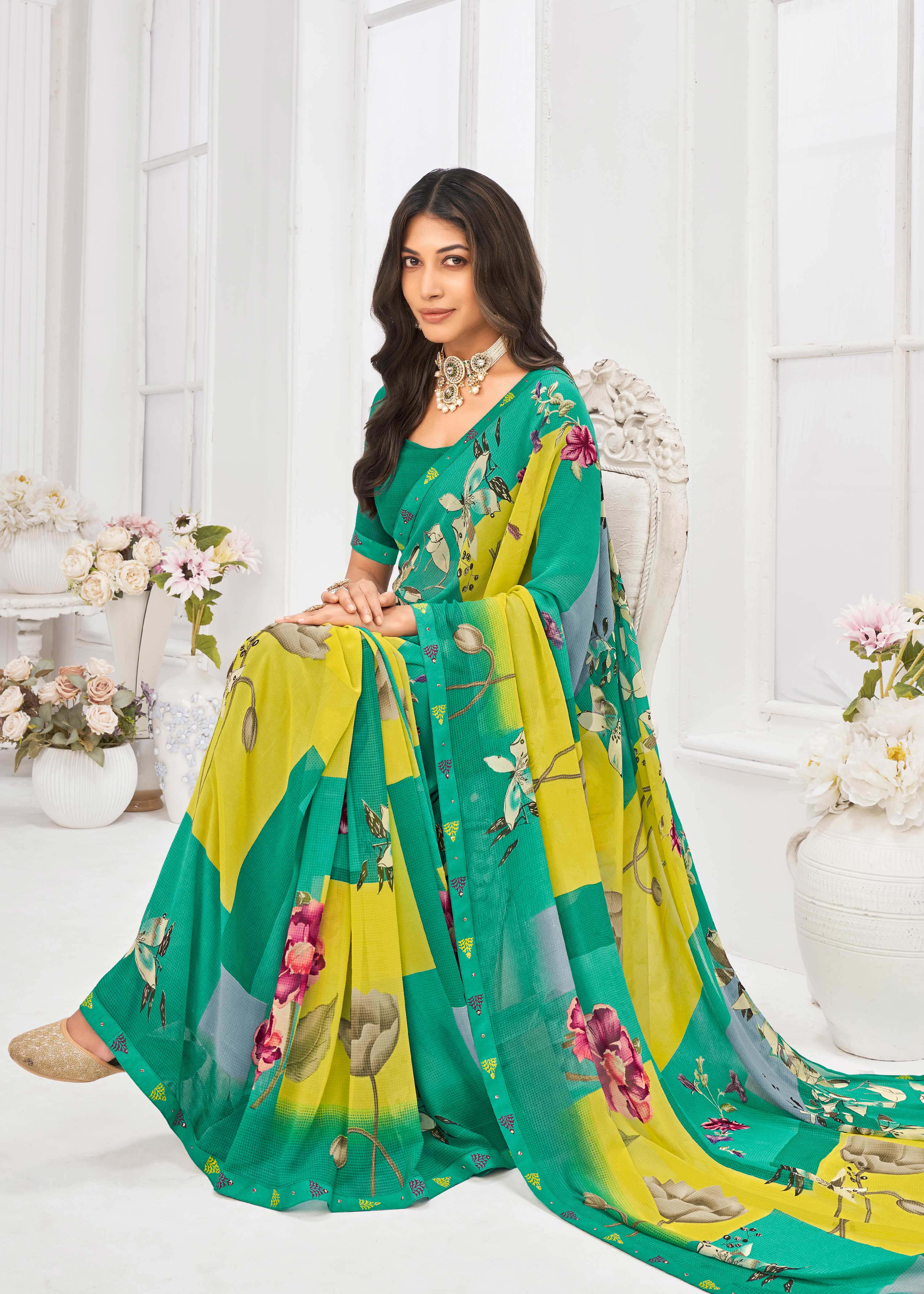 Laxmipati Dil Khushal Floral Printed Georgette Saree in Teal Color with Unstitched Blouse