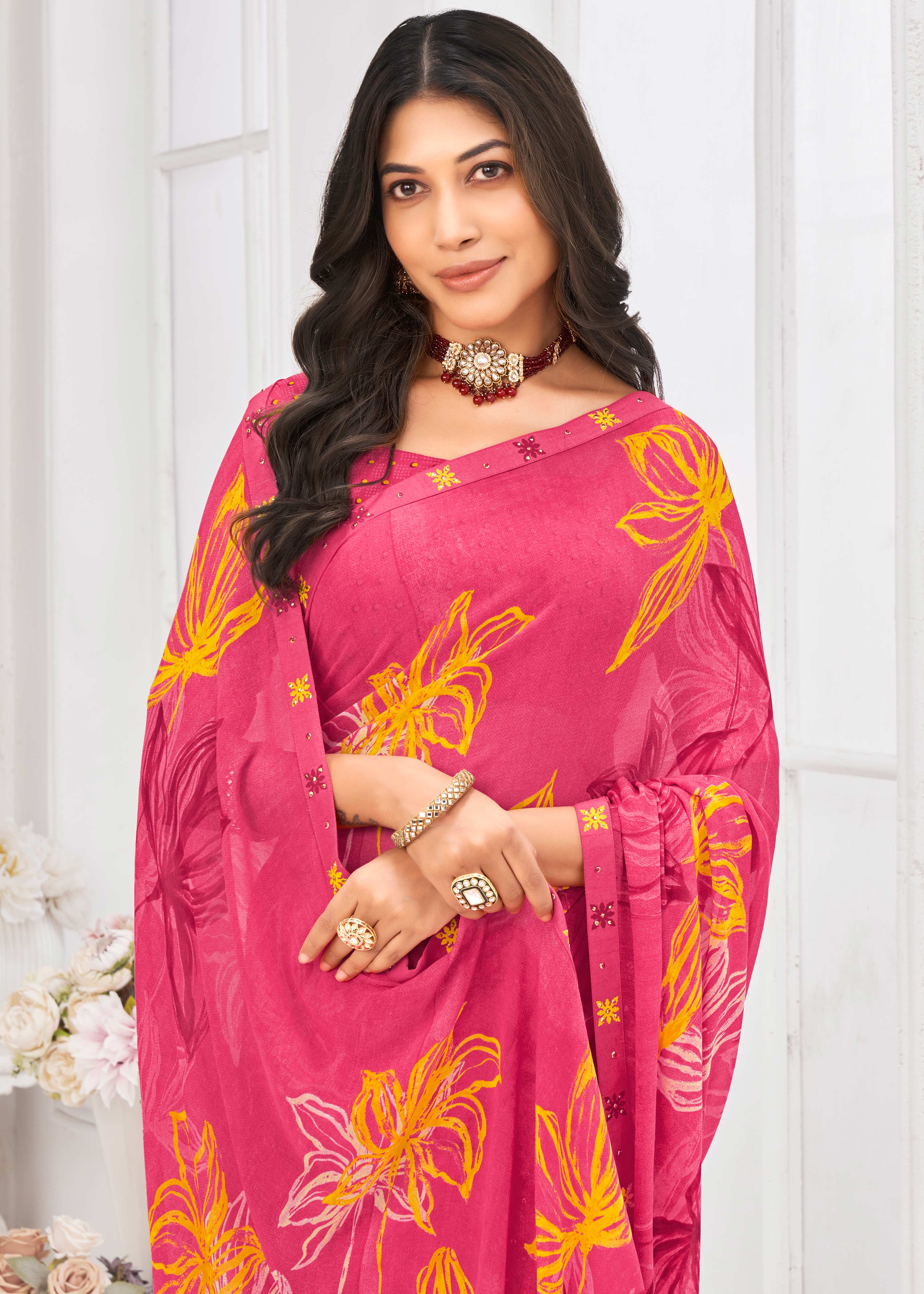 Laxmipati Dil Khushal Floral Printed Georgette Saree in Pink Color with Unstitched Blouse