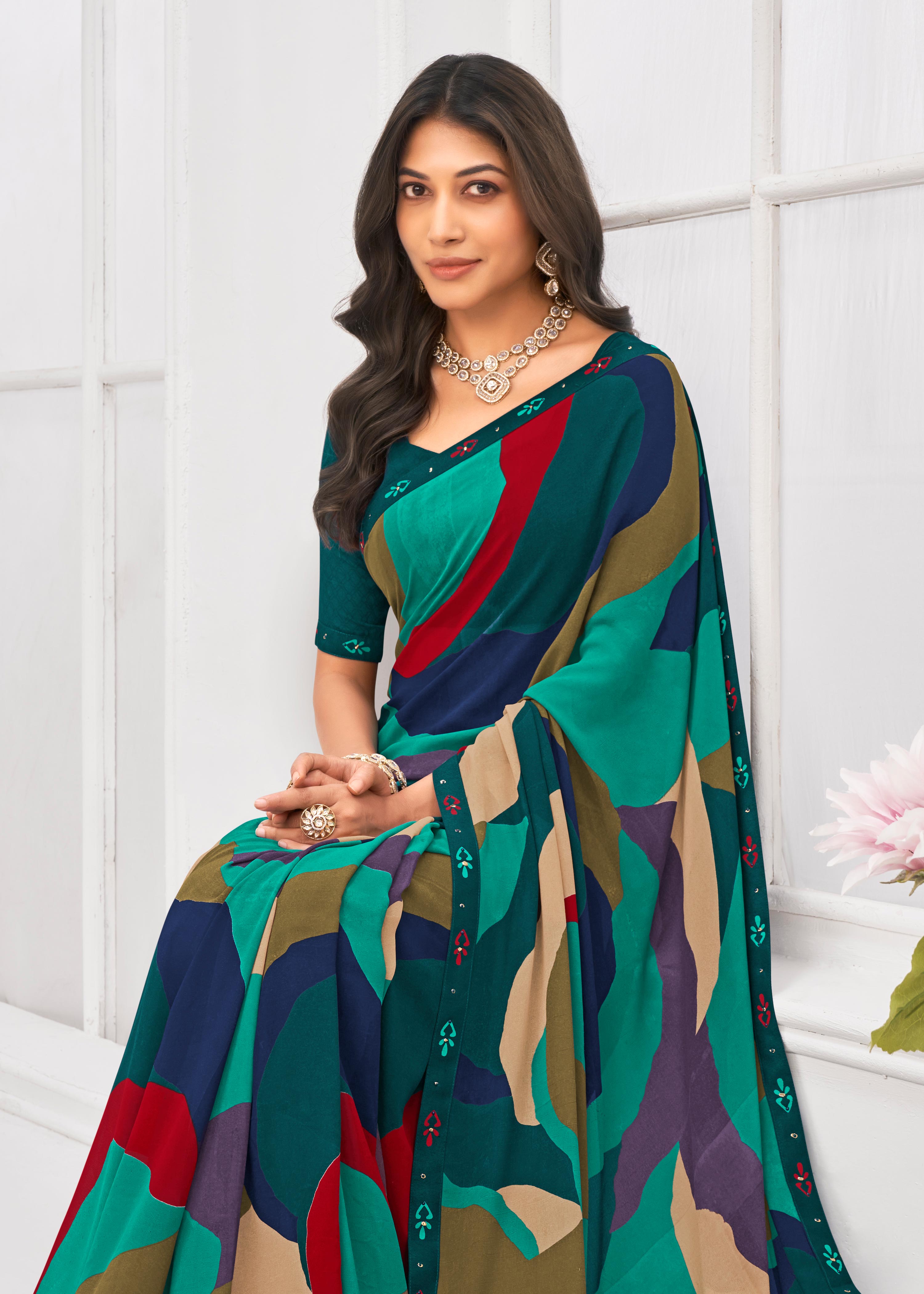 Laxmipati Dil Khushal Abstract Printed Georgette Saree in Multicolor with Unstitched Blouse