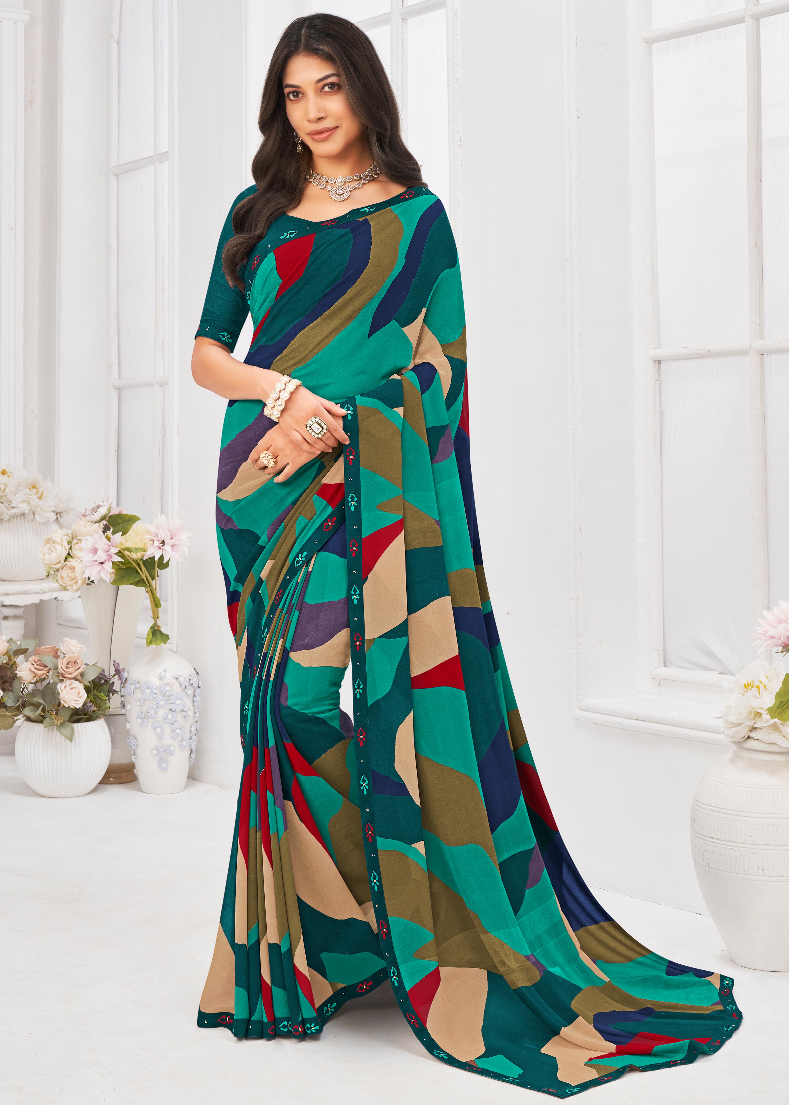 Laxmipati Dil Khushal Abstract Printed Georgette Saree in Multicolor with Unstitched Blouse