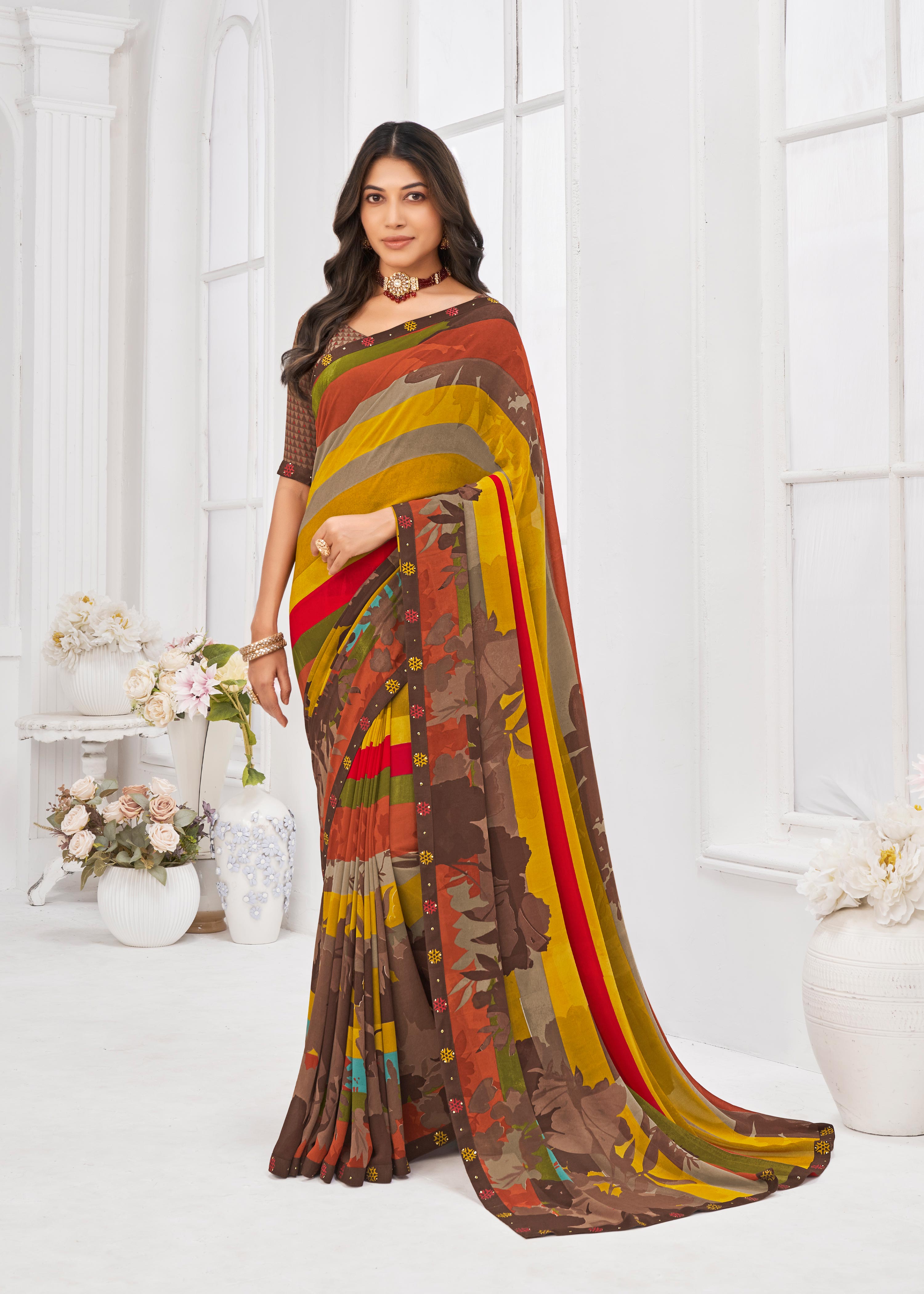 Laxmipati Dil Khushal Chevron Printed Georgette Saree in Multicolor with Unstitched Blouse
