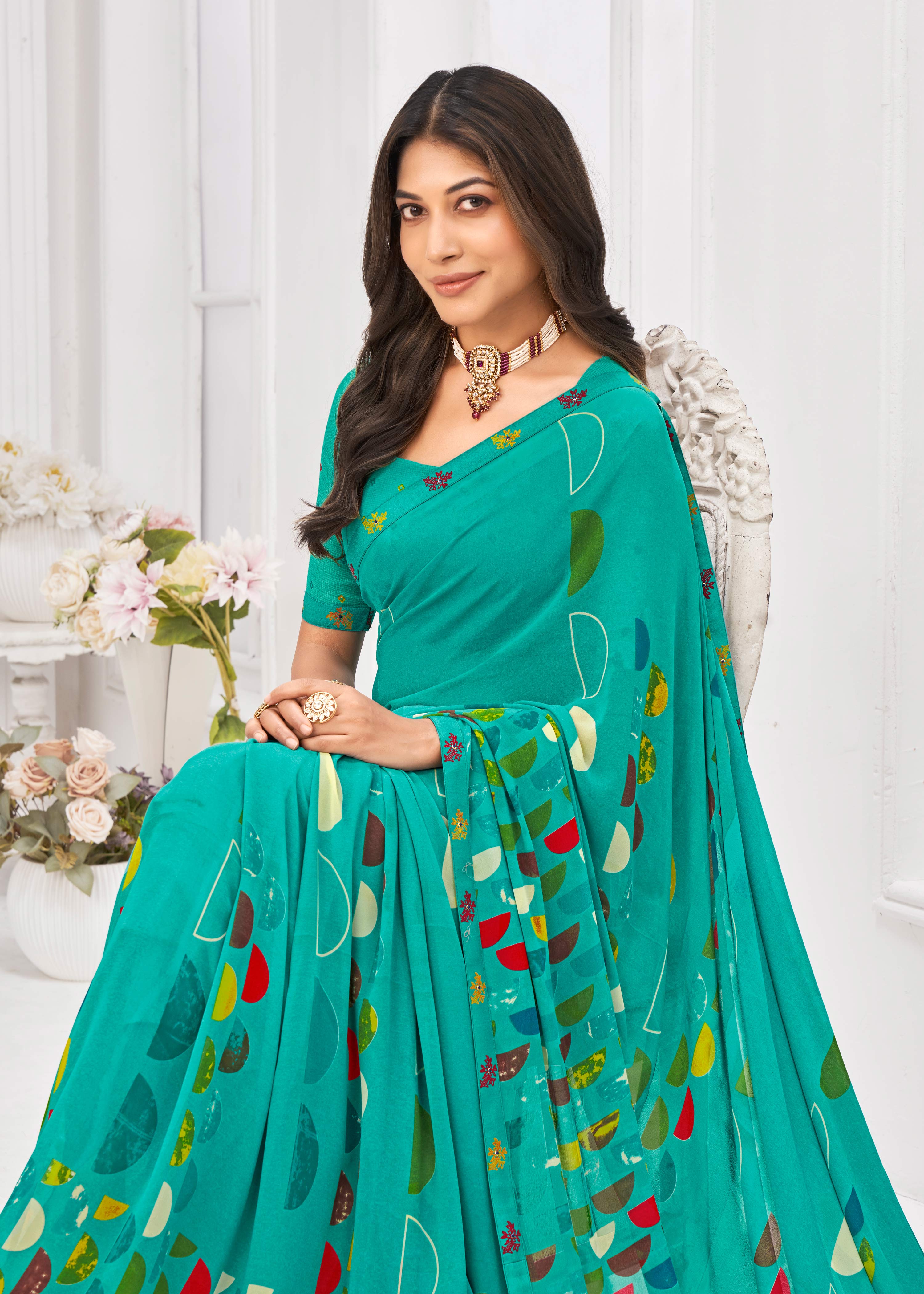 Laxmipati Dil Khushal Geometric Printed Georgette Saree in Turquoise Blue Color with Unstitched Blouse