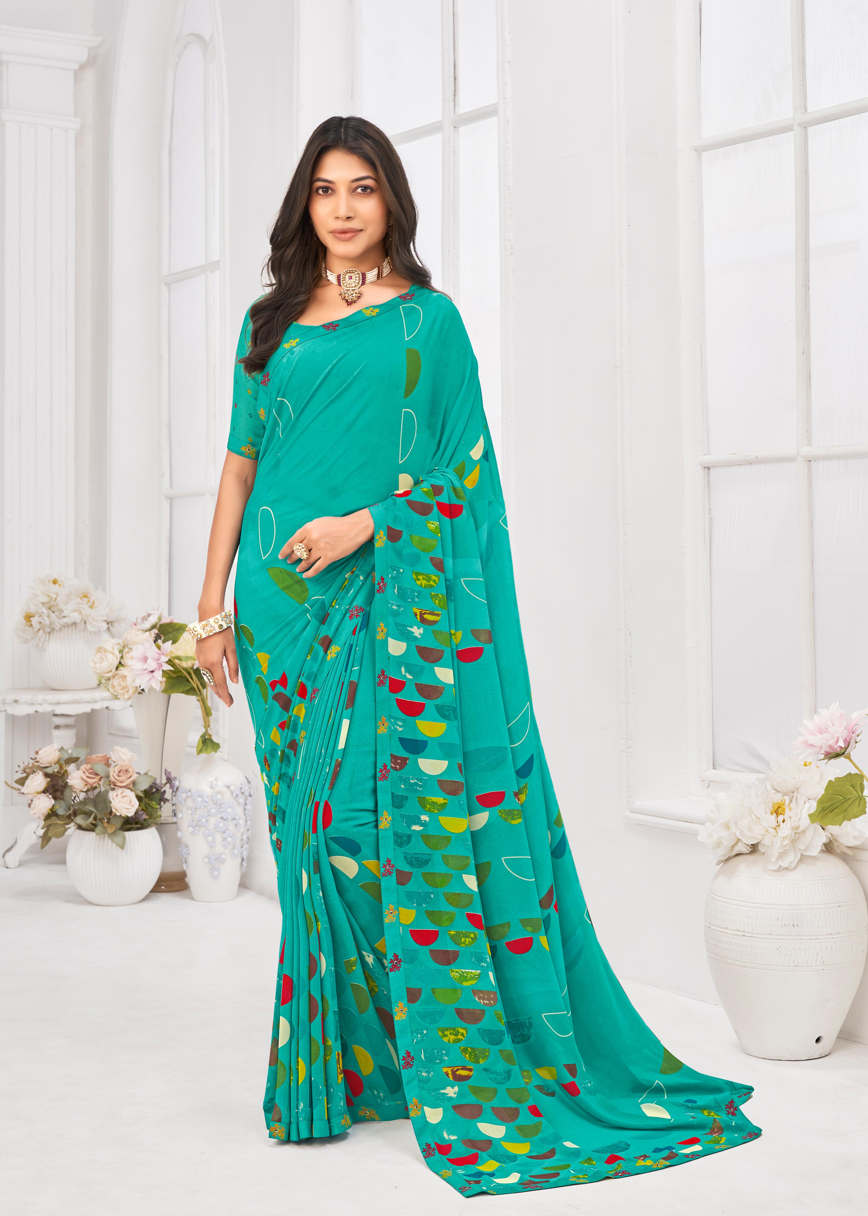 Laxmipati Dil Khushal Geometric Printed Georgette Saree in Turquoise Blue Color with Unstitched Blouse